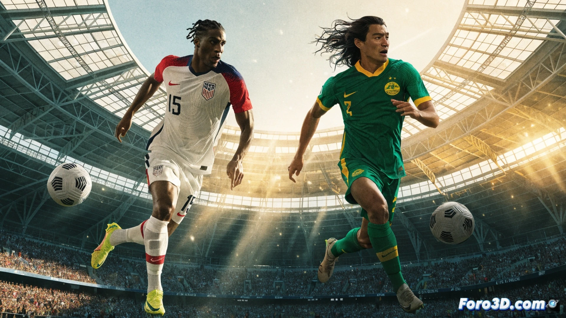 Two soccer players in red and blue jerseys sprinting toward a glowing digital screen showing a live match stream, transparent interface elements floating in air with icons for YouTube TV, SBS On Demand, and BBC iPlayer, Wi-Fi signal waves connecting a laptop to a global network of broadcast satellites, cinematic photorealistic style, dramatic stadium lighting in background, motion blur on players, clean modern UI holograms glowing in cyan and orange, ultra-detailed textures on grass and jerseys, demonstrating free streaming access across continents