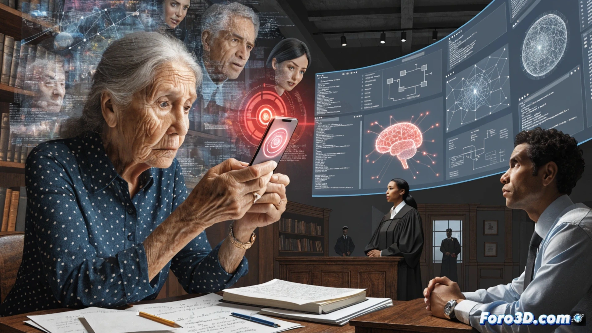 Photorealistic digital fraud scene, elderly woman aged 60+ staring at a laptop screen in a dim home office, cursor hovering over a fake bank login page, malicious software interface visible in background with phishing form fields, smartphone displaying a scam alert notification beside keyboard, glowing blue data streams flowing from laptop to a dark silhouette figure in the distance, predatory algorithm concept shown as translucent red code lines wrapping around her hands, cinematic lighting with stark shadows and cold monitor glow, ultra-detailed textures on keyboard keys and glass reflection, technical illustration style with visible network nodes and firewall breach indicators, dramatic tension in her hesitant finger movement near the trackpad