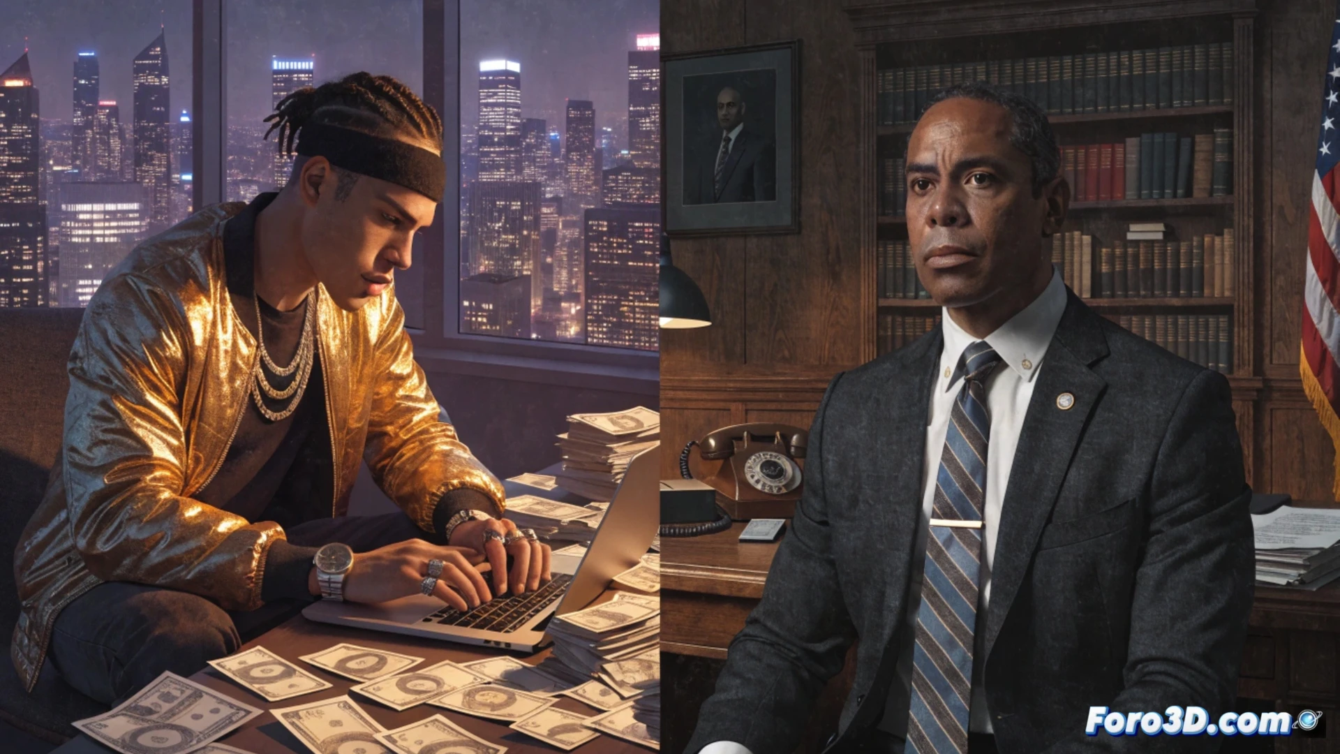photorealistic cinematic scene of a luxury office interior, a man in a suit pressing a glowing smartphone screen displaying fake banking app interface, wires connecting to hidden server racks behind a false wall, stacks of cash and empty bank vault screens visible on monitors, a detective observing through a cracked window, dramatic chiaroscuro lighting, reflections on polished marble floor, technical engineering visualization of financial fraud infrastructure, dark blue and gold color palette, ultra-detailed textures, motion blur on transaction data streams