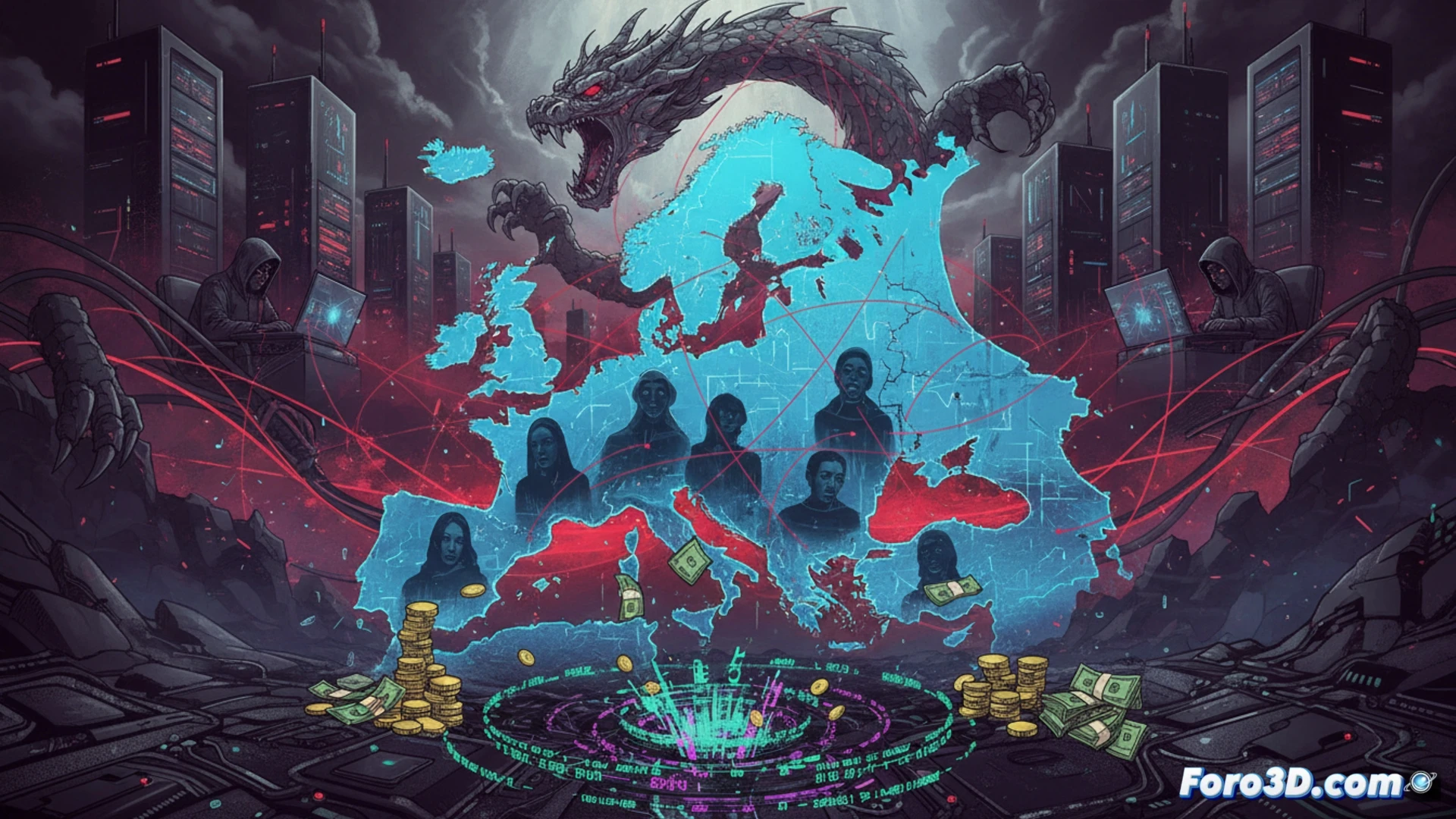 large-scale phishing attack visualization, European map glowing red with data breach signals, a hooded figure manipulating a server rack while cascading fraudulent bank transaction notifications appear on a monitor, scattered credit card fragments and broken padlocks on a dark desk, cinematic photorealistic engineering visualization, dramatic top-down spotlight illuminating the scene, glowing digital currency symbols dissolving into smoke, ultra-detailed hardware components and network cables, forensic-style lighting revealing hidden malware code reflections, high-contrast shadows emphasizing the 75% infection rate and 50 billion euro scale