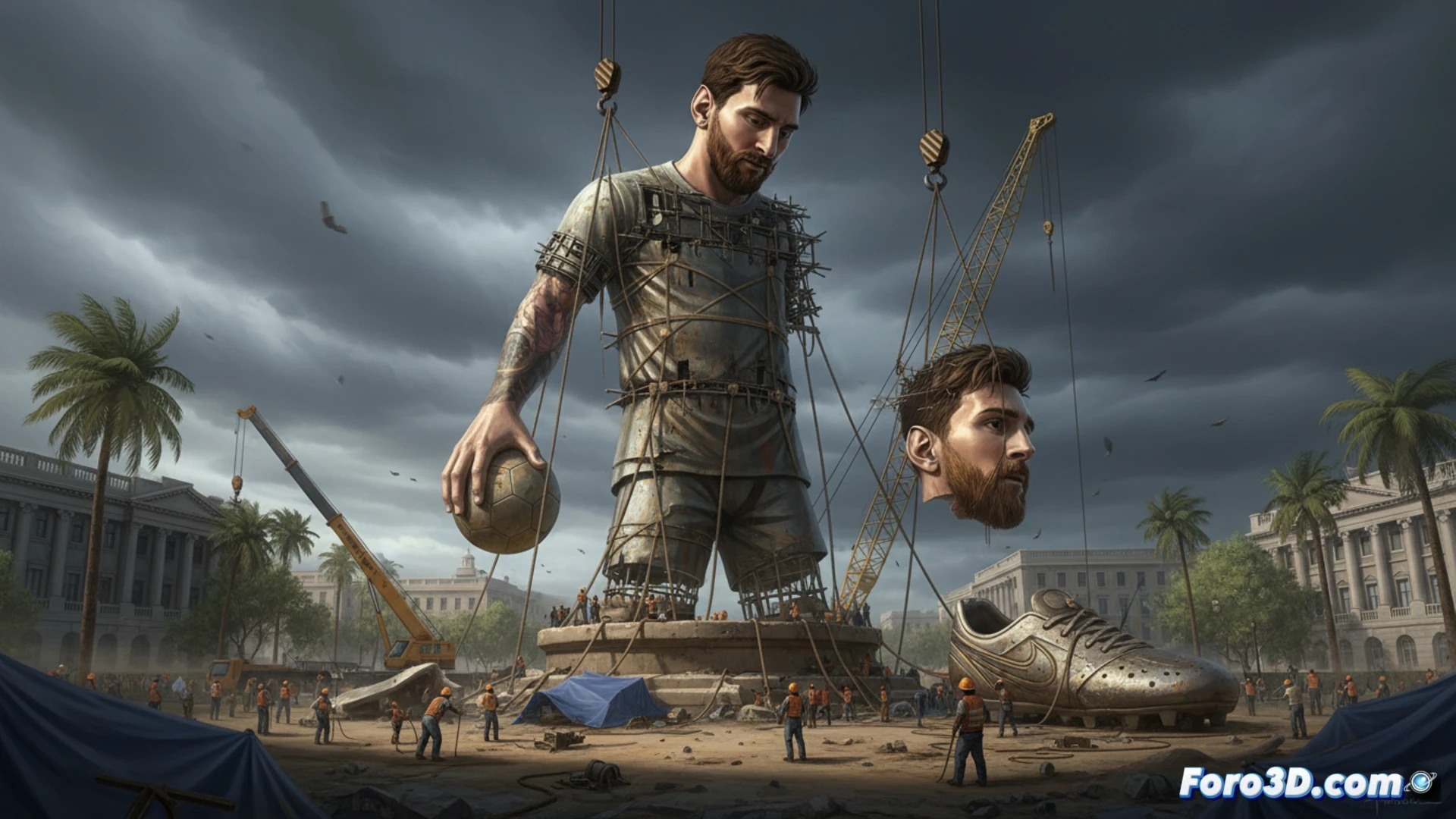 Estatua gigante de Messi siendo desmontada por grúas en Kolkata, ingenieros inspeccionando juntas metálicas y cables de tensión, viento fuerte sacudiendo andamios mientras trabajadores aseguran secciones de la estructura, cables de acero visibles durante el proceso de izaje, plano general con multitud observando desde barreras de seguridad, estilo cinematográfico fotorrealista, iluminación diurna nublada, texturas de hormigón y metal desgastado, grúas amarillas contrastando con el cielo gris, documentación técnica de ingeniería estructural, composición dramática con profundidad de campo