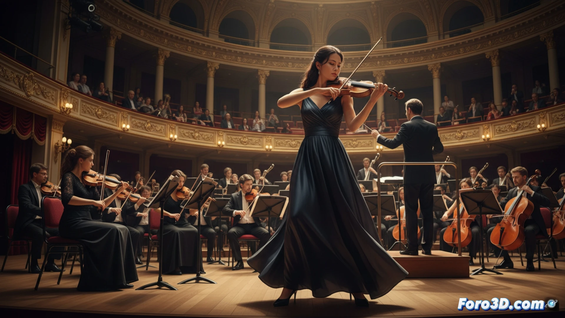 violinist performing on stage with full symphony orchestra, bow striking violin strings during intense musical passage, conductor leading with baton raised, sheet music stands with visible notes, stage lighting casting dramatic shadows on musicians, strings section bowing in synchronized motion, brass instruments gleaming under spotlight, concert hall acoustic panels visible on walls, cinematic performance shot, photorealistic concert photography style, warm amber stage lights contrasting with dark auditorium background, audience silhouettes in foreground, ultra-detailed instrument textures and wood grain, dynamic motion blur on bow strokes, professional live performance atmosphere