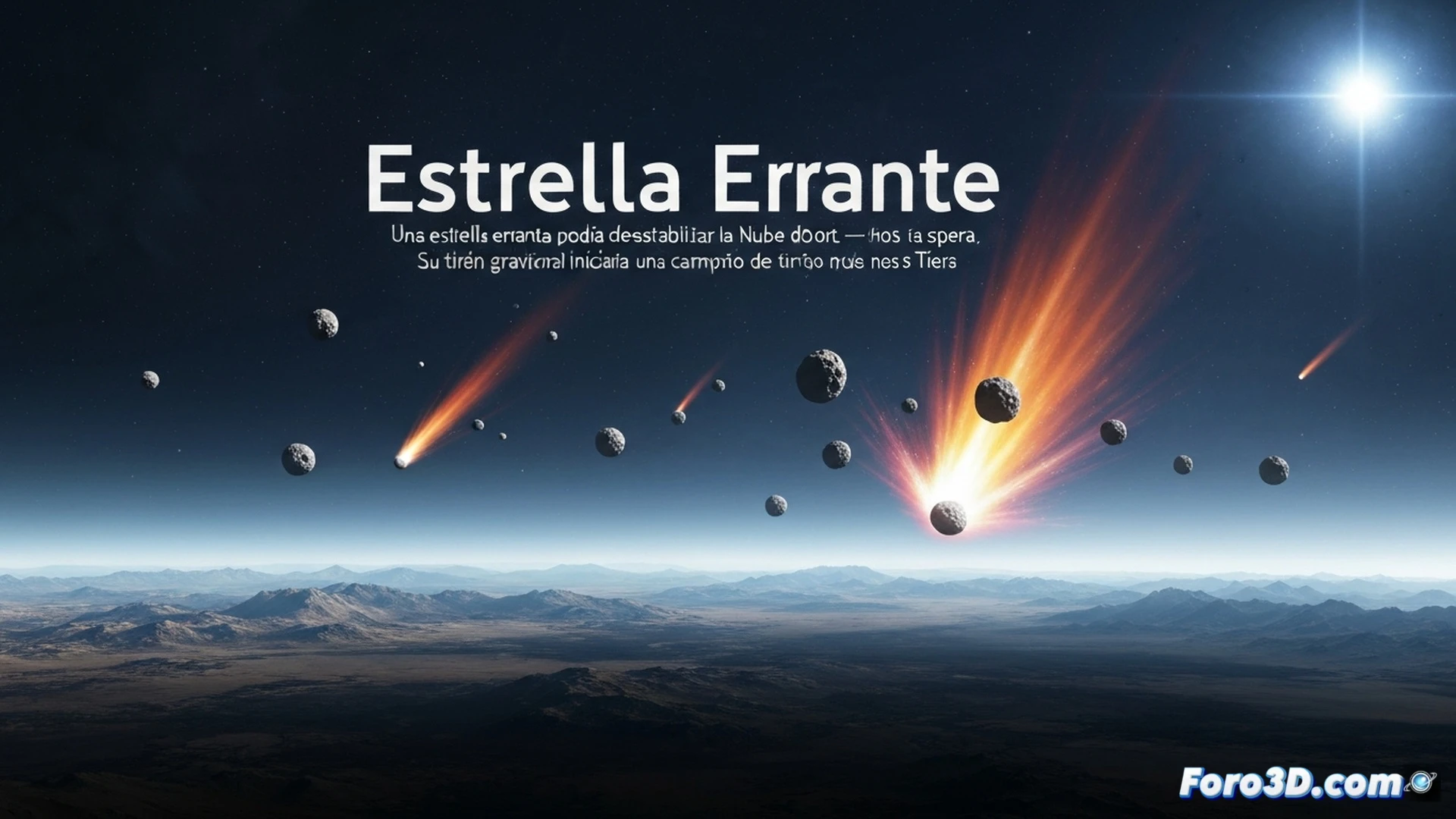 Estrella errante cruzando el sistema solar exterior, tirón gravitacional desgarrando la Nube de Oort, miles de cometas siendo lanzados hacia la Tierra, superficie planetaria bajo bombardeo constante, cráteres humeantes en la corteza, cielo nocturno lleno de trayectorias incandescentes, atmósfera iluminada por impactos simultáneos, visualización técnica de órbitas perturbadas, líneas de fuerza gravitacional visibles entre la estrella y los cuerpos helados, estilo cinematográfico fotorrealista, iluminación dramática cósmica, texturas detalladas de roca y hielo, sensación de movimiento caótico y destrucción inminente