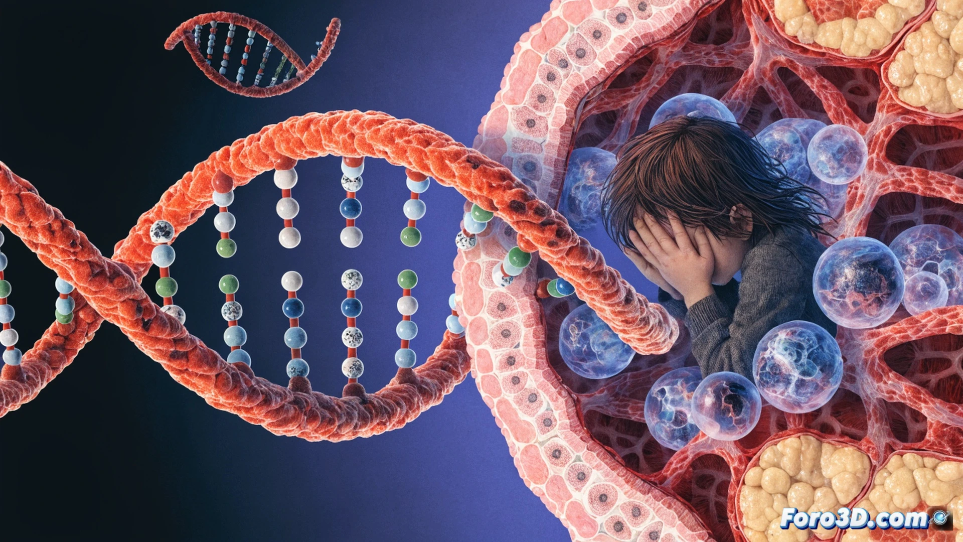 child’s shadowy silhouette facing a glowing double helix DNA strand, one side fractured and aged with cracks and dark patches, the other smooth and bright, while a microscope and molecular model sit on a desk in the background, a child’s hand reaching toward the damaged DNA, photorealistic technical illustration, dramatic chiaroscuro lighting, deep blues and warm amber tones, hyper-detailed molecular structures, subtle dust particles floating, cinematic composition showing the moment of molecular imprinting, ultra-sharp focus on DNA damage and cellular aging process