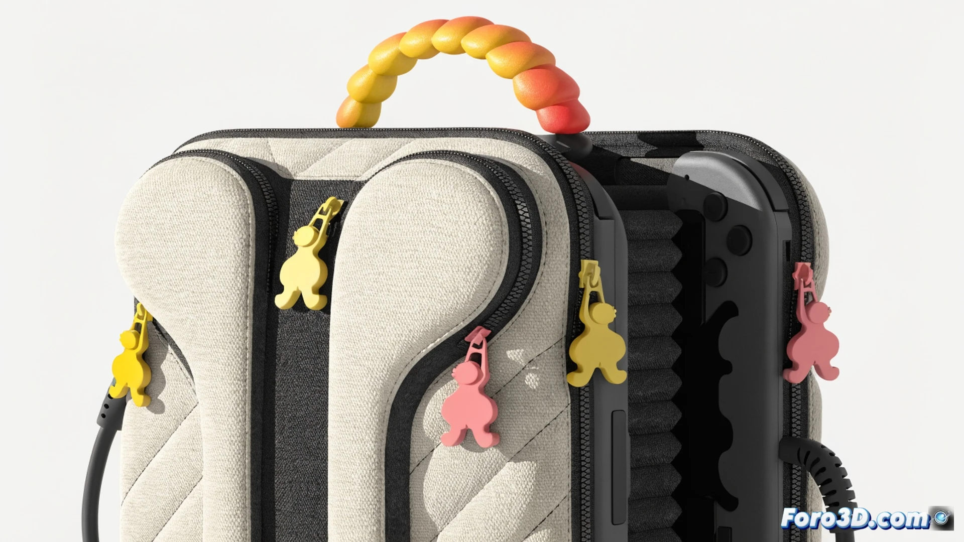 Hori Ditto carrying case unzipping to reveal a pink Nintendo Switch 2 console inside, molded Ditto-shaped zipper pulls being pulled by a hand, protective foam padding holding Joy-Con controllers and a USB-C cable in internal compartments, soft interior lining with embossed Ditto face pattern, photorealistic product photography style, bright studio lighting with soft shadows, fabric texture visible on exterior, highly detailed stitching and zipper teeth, plastic shell reflecting light, clean minimalist tabletop scene, demonstrating storage capacity and playful design during unboxing action
