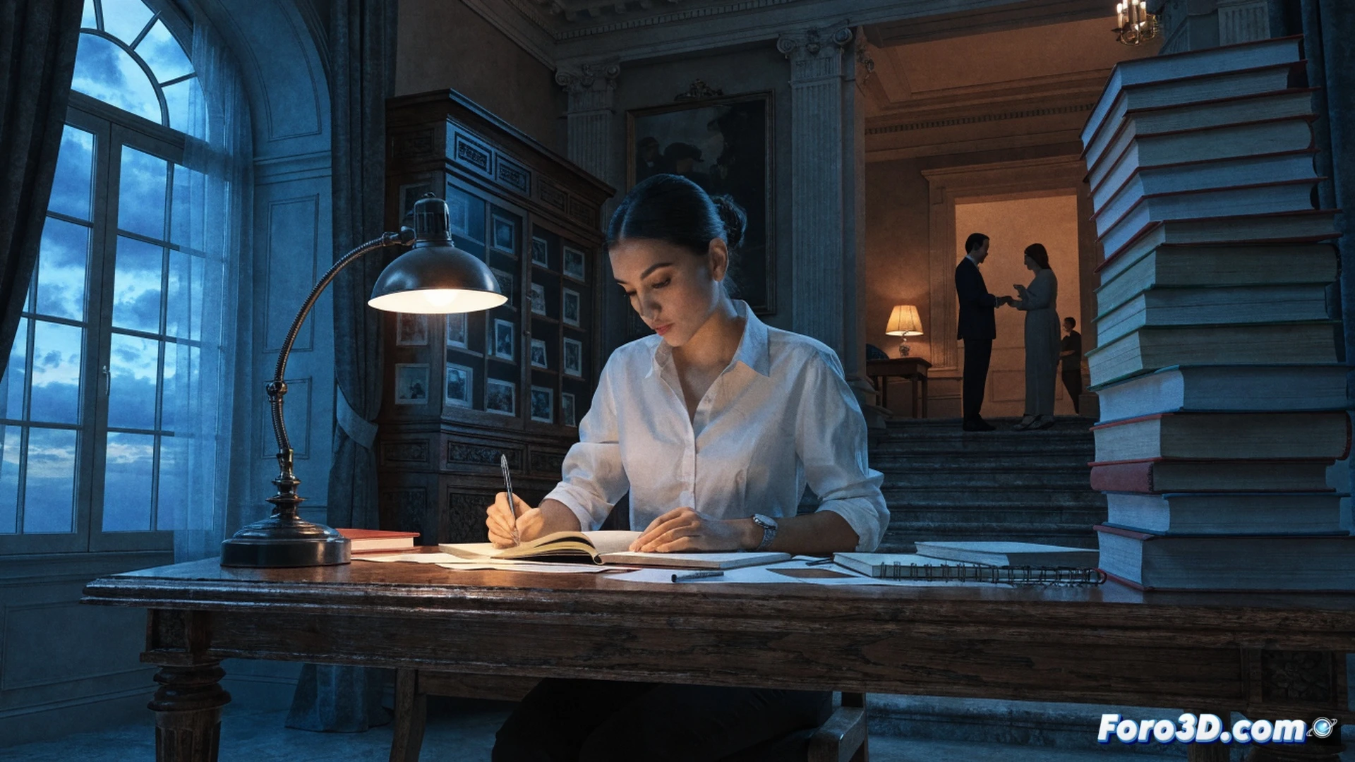 young woman looking at a glowing holographic academic certificate with a perfect score, piles of textbooks and a laptop on a desk, family members smiling in the background, digital interface showing university application forms, warm study room with soft lamp light, cinematic photorealistic style, bright motivational atmosphere, shallow depth of field, detailed screen reflections, clean modern interior, celebratory mood, technical educational visualization