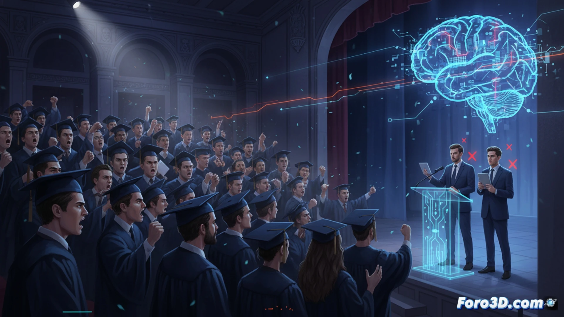 Cinematic scene at a university graduation ceremony: students in caps and gowns booing a speaker at a podium, while a holographic AI interface with neural network nodes and code fragments hovers above the stage. Laptops on graduates laps display warning symbols and a robot arm dismantling a diploma. Dark moody lighting, red and blue glares from the hologram, angry expressions, thrown graduation caps mid-air. Photorealistic technical illustration, dramatic contrast, ultra-detailed crowd and digital elements.