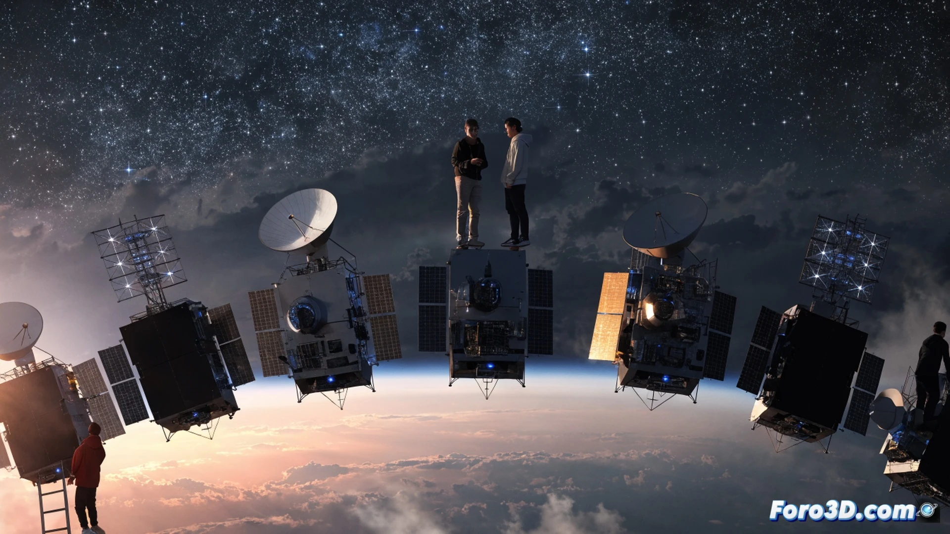 Ocho satélites metálicos en órbita terrestre baja brillando bajo luz solar, estudiantes señalando pantallas táctiles con nombres de satélites durante una ceremonia escolar, ingenieros mostrando modelos 3D de los satélites en monitores técnicos, mapa de España con zonas rurales conectadas por haces de datos azules, proceso de despliegue orbital con paneles solares extendiéndose, escritorio con planos técnicos y tabletas, estilo cinematic photorealistic engineering visualization, iluminación dramática azul y dorada, detalles de antenas y circuitos visibles, fondo de aula con pizarras digitales