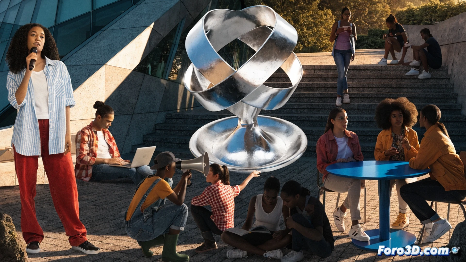 grupo diverso de estudiantes adolescentes en un aula moderna de secundaria, sosteniendo tablets y modelos 3D de relaciones sanas, mientras colaboran en un proyecto de prevención de violencia de género, una pantalla interactiva muestra un diagrama de flujo de concienciación social, herramientas digitales y marcadores sobre la mesa, luz natural entrando por ventanas, estilo cinematográfico fotorrealista, tono inspirador y educativo, composición dinámica y esperanzadora