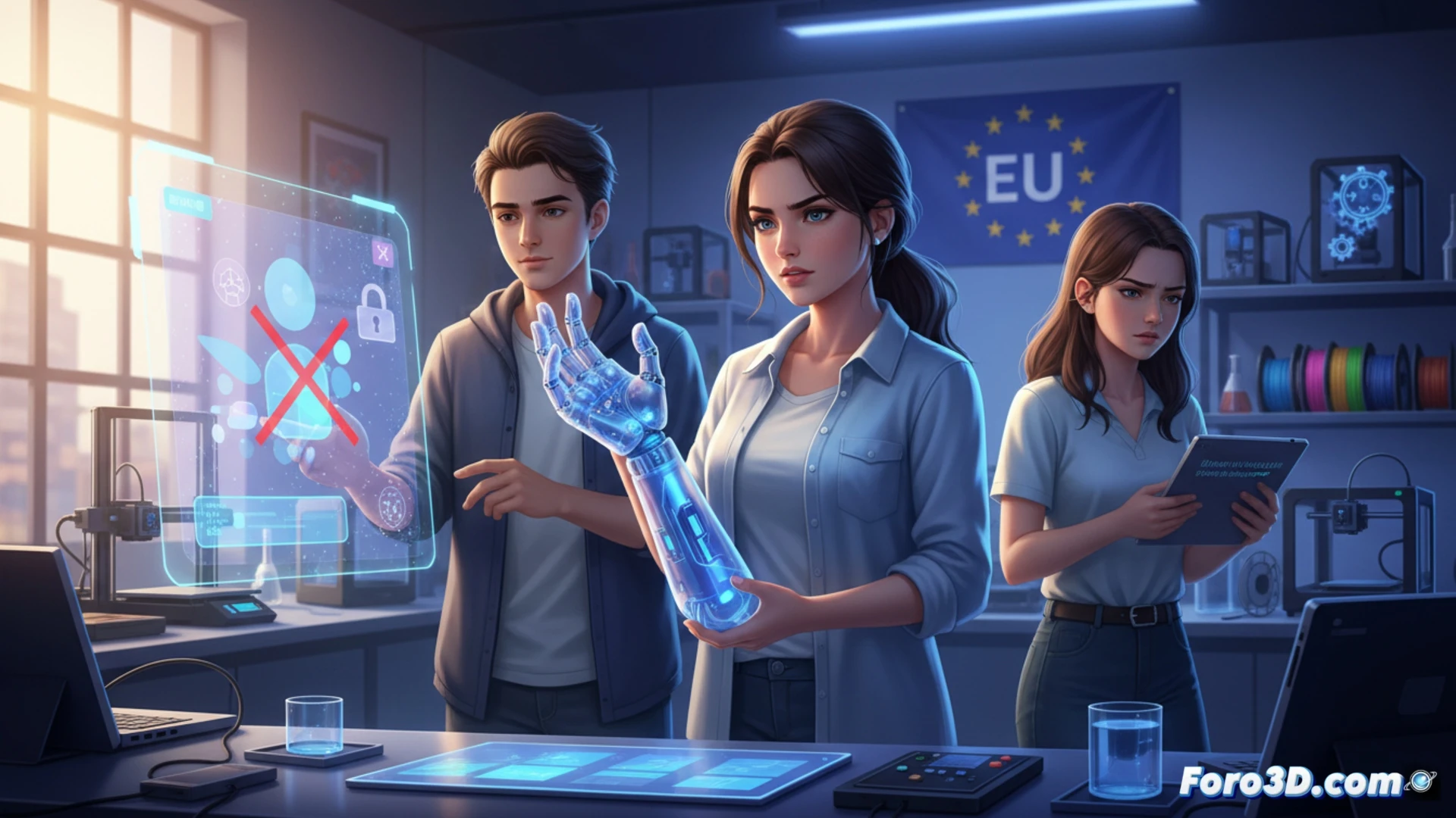 Estudiante de FP ajustando una prótesis de mano impresa en 3D sobre un brazo robótico de pruebas, mientras una tableta muestra una app emocional con gráficos de frecuencia cardíaca, fondo de taller técnico con impresoras 3D en funcionamiento, piezas de plástico translúcido con capas visibles, cables expuestos y sensores desmontados, iluminación fría de laboratorio, polvo de filamento en el aire, estilo cinematic photorealistic technical illustration, superficies mate y metálicas contrastadas, enfoque nítido en el acoplamiento mecánico.