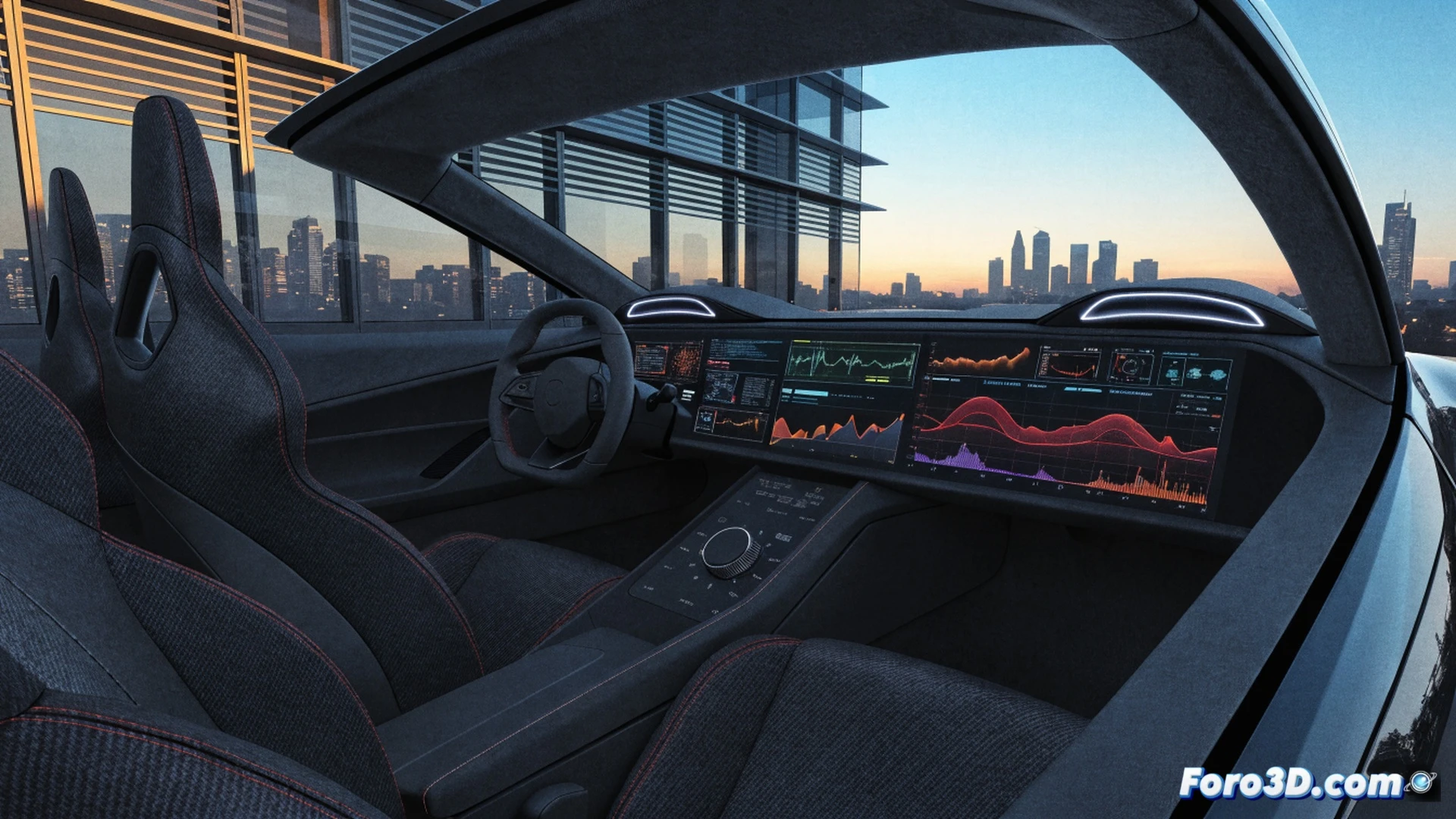 Cinematic scene of a sleek electric car interior, driver smiling while gripping a futuristic steering wheel with glowing haptic feedback sensors, dashboard display showing real-time torque curves and battery flow animation, marketing team in lab coats observing through glass partition, data analytics software visible on multiple screens showing pleasure metrics and neural response graphs, photorealistic render, dramatic studio lighting reflecting off polished surfaces, chrome and carbon fiber details, ultra-sharp focus on driver’s expression and interactive touch controls, technical illustration style with engineering precision