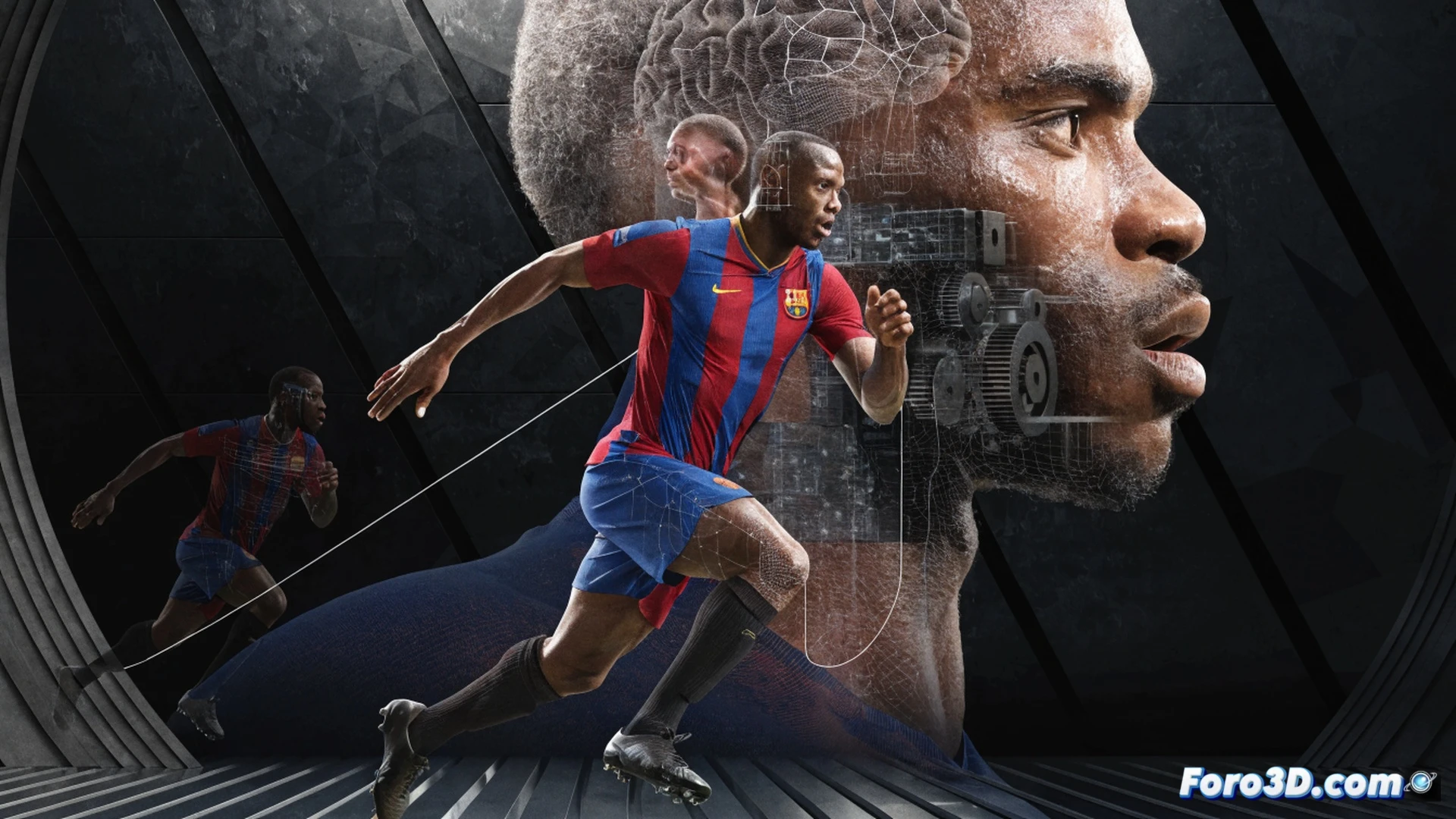 Samuel Eto'o en acción durante un desmarque explosivo, mostrando su pierna derecha en fase de disparo con un balón de fútbol clásico, líneas de movimiento dinámicas que trazan su trayectoria de ruptura desde el borde del área, un mapa de calor táctico sobre el campo que demuestra su inteligencia espacial y GPS infalible, un motor diésel estilizado visible en su torso como metáfora de resistencia mecánica, engranajes y pistones integrados en sus pantorrillas representando velocidad de reacción, estadísticas de precisión de tiro en un panel holográfico flotante, cinematic engineering visualization, iluminación dramática de estadio nocturno, texturas metálicas en las piernas, photorealistic technical render