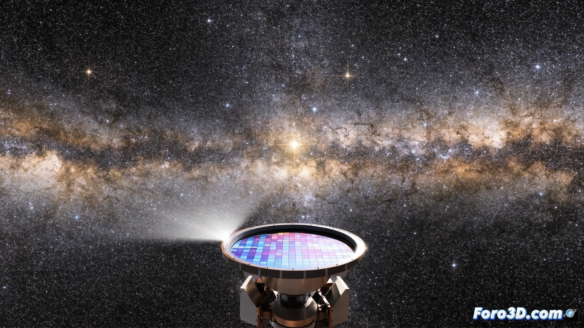 Euclid telescope capturing 60 million stars in Milky Way core, wide-angle view of spacecraft observing galactic center, starlight streams entering optical lens assembly, data lines flowing into onboard computer systems, technical illustration style, deep space background with dense star field, golden infrared sensor array glowing, spacecraft solar panels angled toward sun, realistic engineering visualization, dramatic cosmic lighting, detailed satellite bus structure, precise orbital mechanics demonstrated