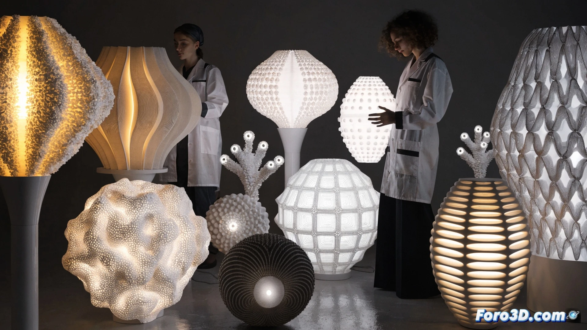 Tres lámparas impresas en 3D siendo ensambladas sobre una mesa de trabajo iluminada, un brazo robótico sostiene una pieza de filamento translúcido mientras un diseñador ajusta los parámetros en una tableta con modelo CAD abierto, texturas orgánicas y geométricas contrastan en las pantallas de las lámparas, polvo de resina suspendido en el aire, cables de alimentación conectados a prototipos funcionales, fondo de taller con estanterías de filamentos y herramientas de postprocesado, luz cálida de las lámparas proyectando sombras de celosía sobre la superficie, estilo cinematográfico hyperrealista con iluminación industrial dramática y detalles técnicos nítidos.