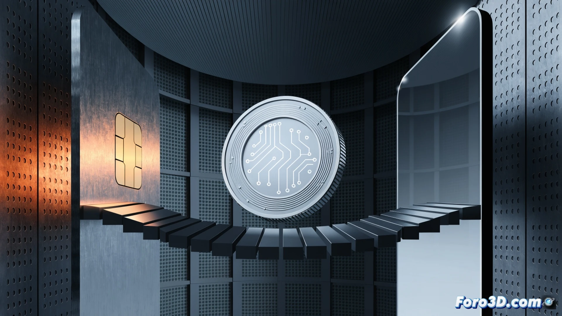A glowing holographic euro coin symbol floating above a smartphone held by a hand, while a second hand taps a contactless payment terminal in a modern café. Behind the device, a subtle digital shield icon pulses, with small logos of Visa and Apple Pay fading into translucent shadows in the background. Cinematic technical illustration, photorealistic lighting, metallic reflections on the coin, soft blue EU flag tones, shallow depth of field, clean futuristic interface elements, high-end product visualization style.