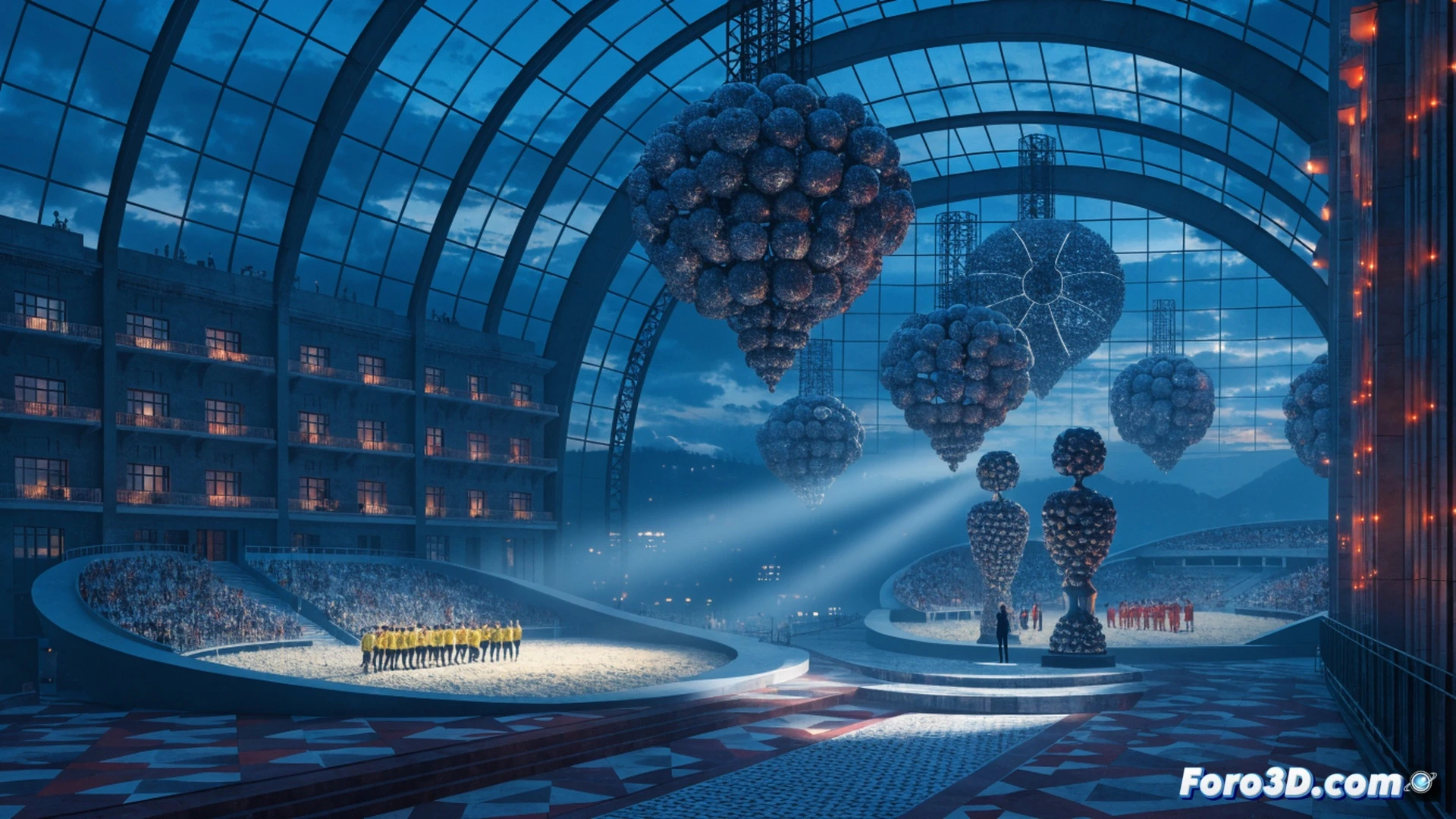 European handball Champions League stadium panorama, three extra team logos fading into the arena ceiling, Hungarian and German club crests glowing prominently while only Barcelona shield remains illuminated, Spanish club logos dimming and shrinking away, empty seats in Spanish fan sections, dramatic wide-angle shot, cold blue and amber stadium lights contrasting, photorealistic architectural render, motion blur from a handball flying across court, technical illustration style with precise geometric lines tracing team allocation hierarchy, cinematic sports documentary aesthetic