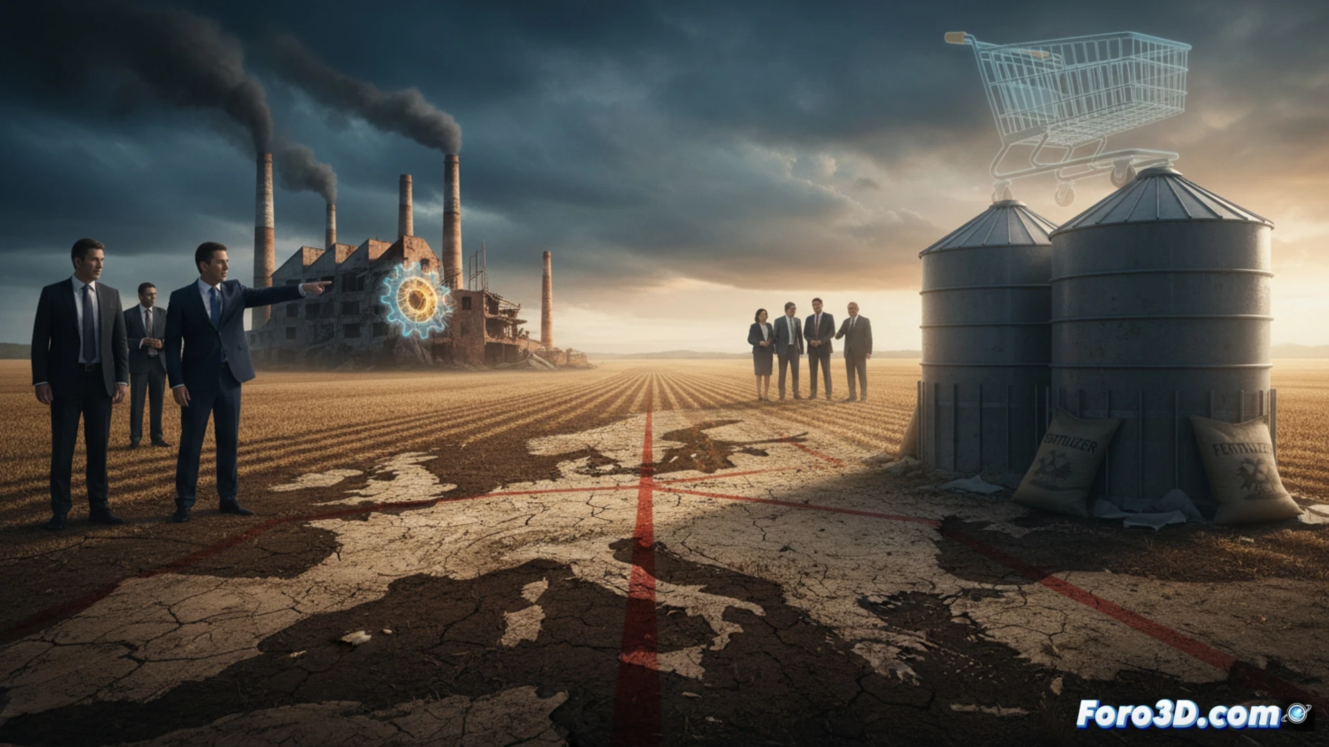 agricultural field at sunset, withered corn stalks drooping in dry cracked soil, a single rusty fertilizer spreader abandoned in the center, a farmer in worn overalls kneeling while examining empty fertilizer bags torn open, industrial fertilizer factory silhouetted far on the horizon emitting smoke, dramatic golden light casting long shadows, photorealistic technical illustration, cinematic depth of field, high-contrast textures of soil and metal, warning mood of scarcity and neglect