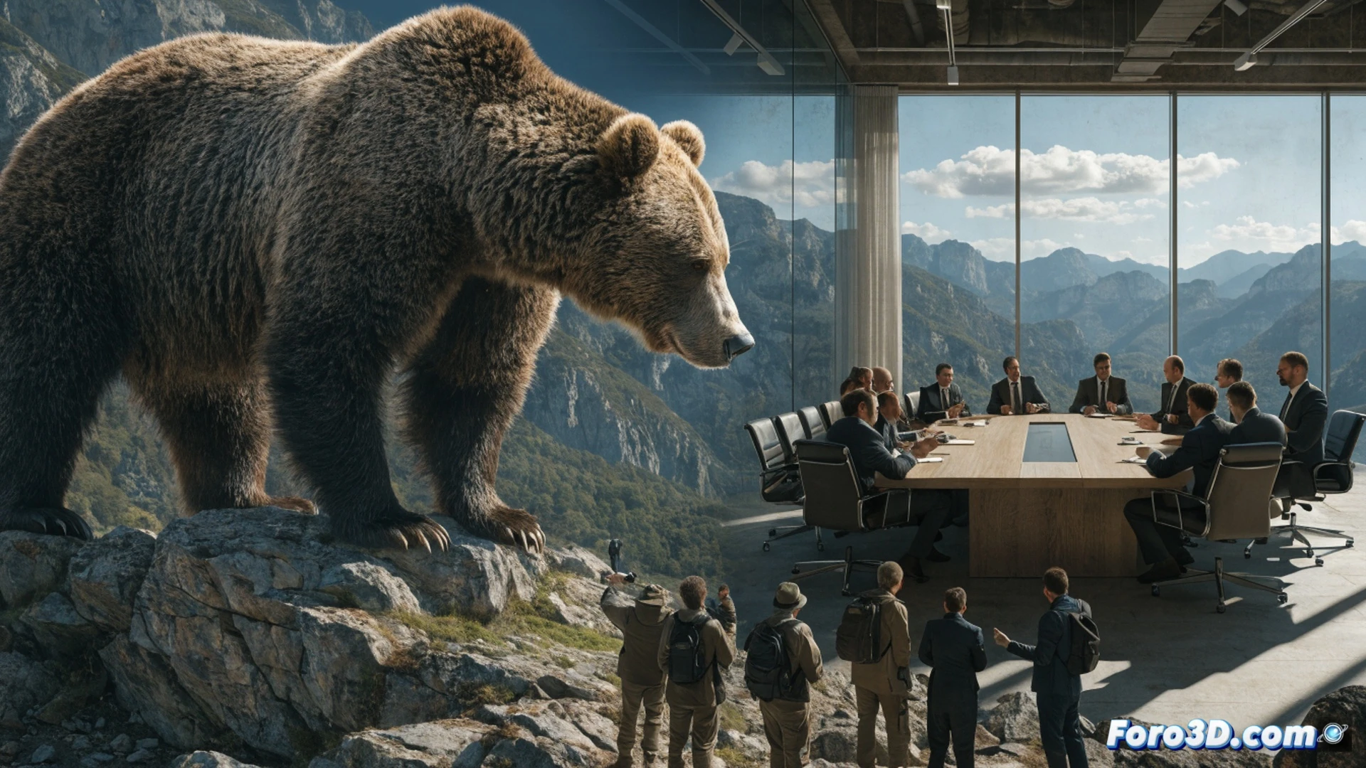 European brown bear charging through a misty rural village street at dawn, overturned metal trash bins scattered, claw marks visible on wooden fence, bear's muscular silhouette against pale sky, warning signs with bear crossing symbol on post, distant farmhouse lights flickering, cinematic photorealistic wildlife scene, dramatic low-angle perspective, heavy atmosphere, mist swirling around animal's paws, hyper-detailed fur texture, amber eyes catching light, tension in animal's posture showing aggressive movement, dark green forest edge visible in background, cool blue-gray color palette, documentary-style natural lighting, ultra-sharp focus on bear's face and claws