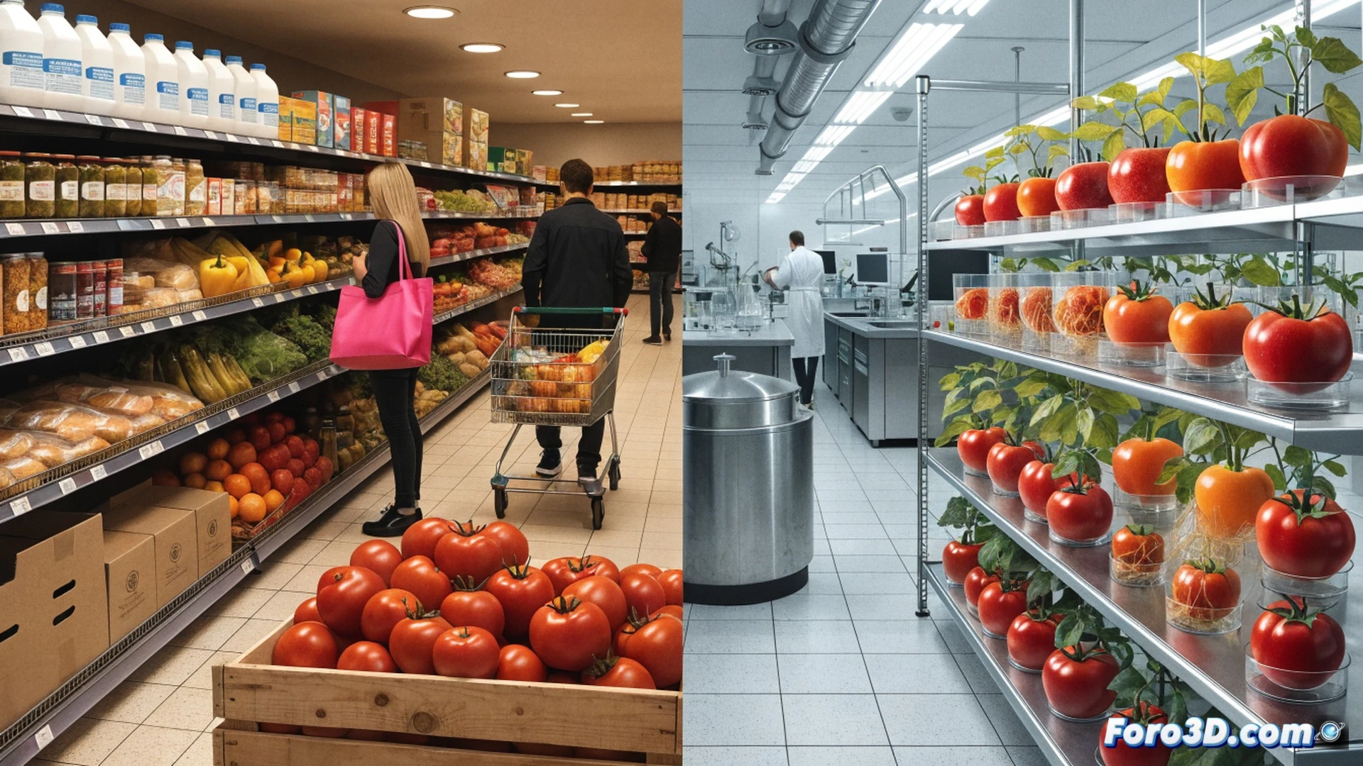 A scientist holding a ripe red tomato in one hand while pointing at a glowing CRISPR gene-editing interface on a transparent screen, a holographic DNA helix being snipped by a molecular scissors tool, a supermarket shelf with uniform tomatoes on one side and a laboratory petri dish with modified tomato seedlings on the other, contrasting agricultural abundance against controlled research, cinematic photorealistic technical illustration, bright laboratory lighting with cool blue tones, sharp focus on the gene-editing process, detailed plant cell structures visible in the hologram, ultra-realistic textures of tomato skin and leaves