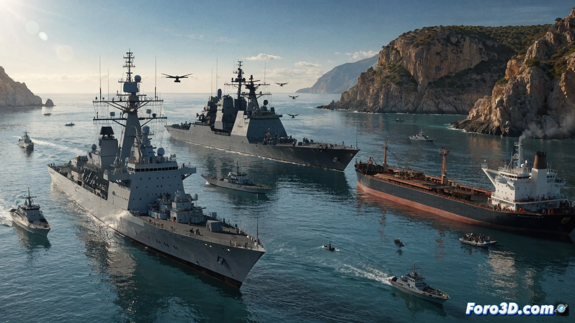 European naval vessels patrolling Strait of Ormuz at dusk, three warships in formation with radar arrays scanning horizon, oil tanker navigating through narrow channel under surveillance, ship-mounted missile systems visible, command bridge crew monitoring screens showing real-time maritime tracking data, helicopter circling overhead with searchlight, churning wake against dark blue water, distant Iranian coastline with military outposts, photorealistic cinematic visualization, dramatic sunset lighting casting long shadows, metallic hull reflections, tension-filled atmosphere, ultra-detailed maritime engineering