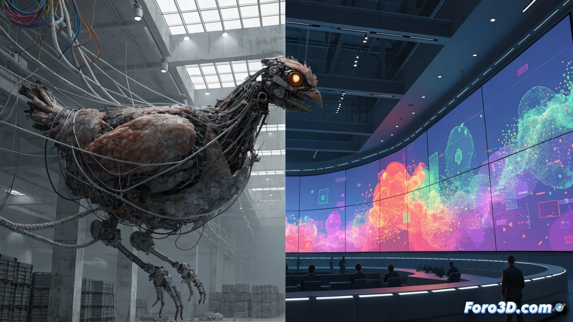 A supermarket produce section showing a plant-based burger patty labeled with a crossed-out chicken icon next to a digital screen displaying a blurred human face being protected by a red shield symbol, while a robotic arm with a glowing AI core is being dismantled by a European Parliament gavel, photorealistic engineering visualization, bright grocery store lighting, metallic and plastic textures, action of prevention and protection, dramatic shadows, ultra-detailed food packaging and circuit board components, cinematic technical render