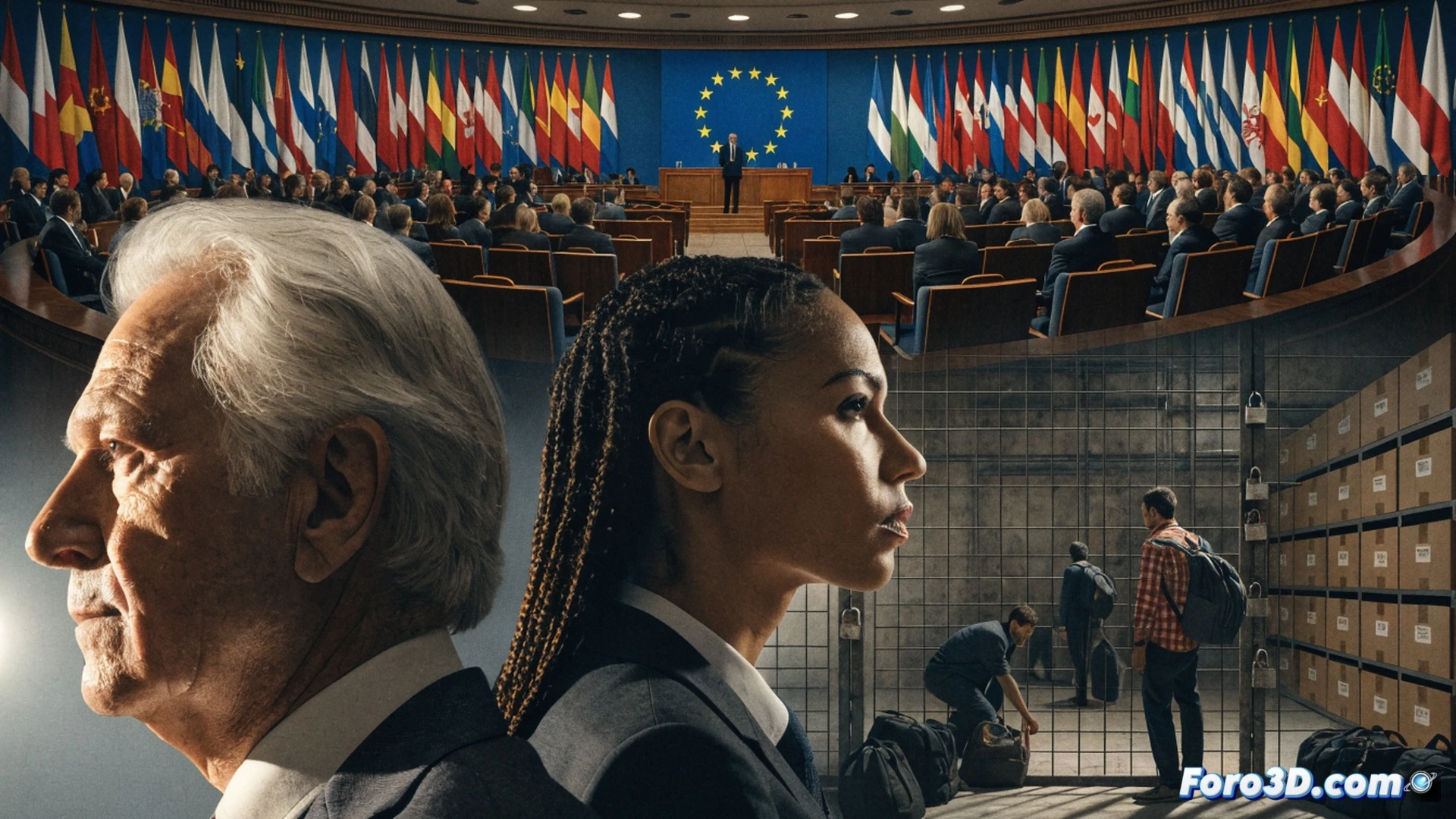 European Parliament chamber during voting session, glowing digital screens displaying deportation timeline data, border control officers processing biometric identity documents while migrants wait in sterile holding area, stacked legal folders with EU flags, reinforced transport vehicles visible through glass walls, cinematic photorealistic technical illustration, cold institutional lighting, metallic security barriers, precise geometric composition, ultra-detailed bureaucratic environment, dramatic shadows emphasizing strict enforcement process