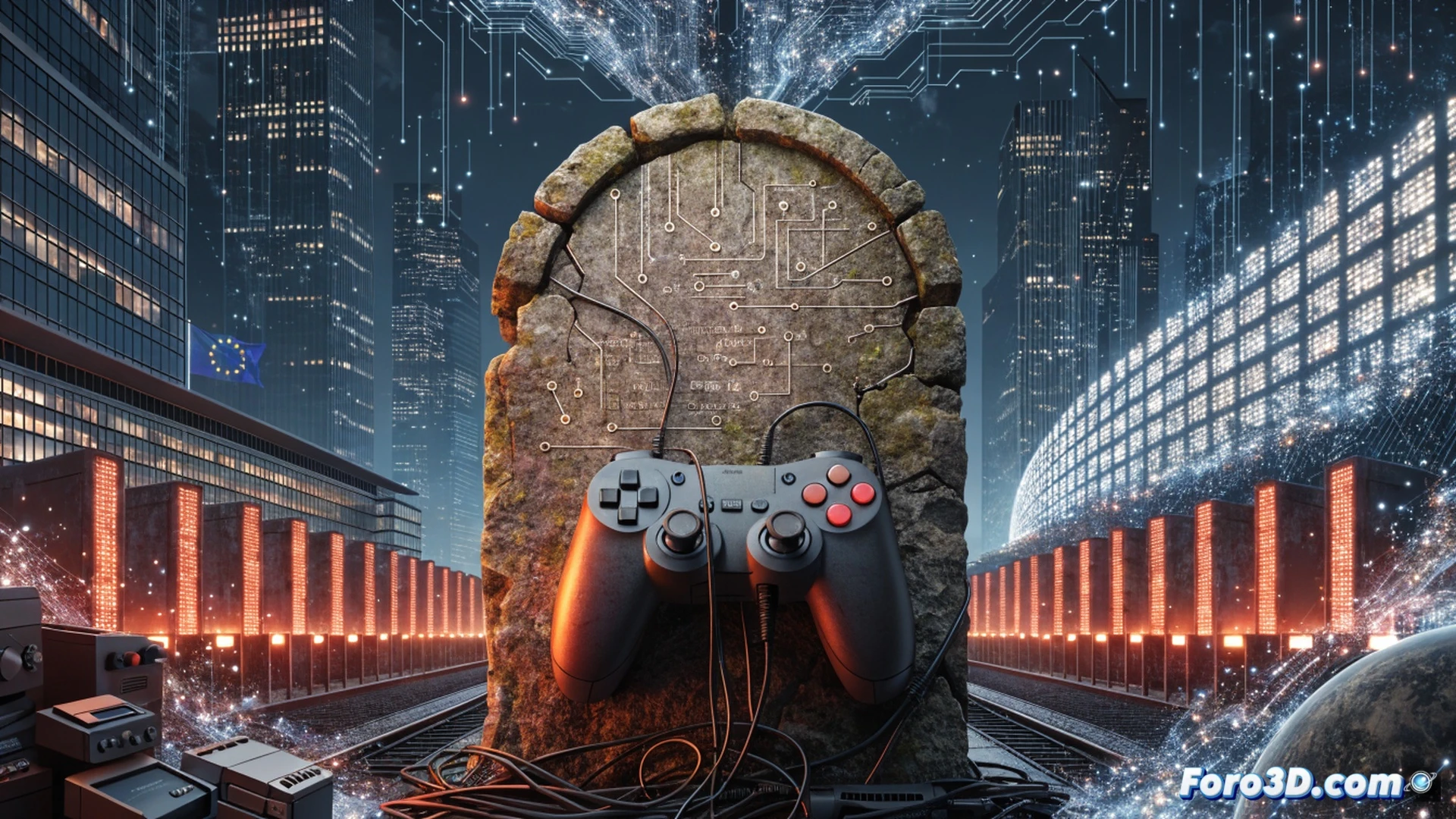 digital game storefront interface with a padlock icon snapping shut over a library of greyed-out game titles, a network server rack in the background with cables being unplugged by a robotic arm, a gamer reaching for a controller that dissolves into pixels, cinematic technical illustration, cold blue and red warning lights, holographic license agreement text fading to empty, photorealistic engineering visualization, dramatic shadows, metallic surfaces reflecting error messages, ultra-detailed circuitry patterns on the motherboard below