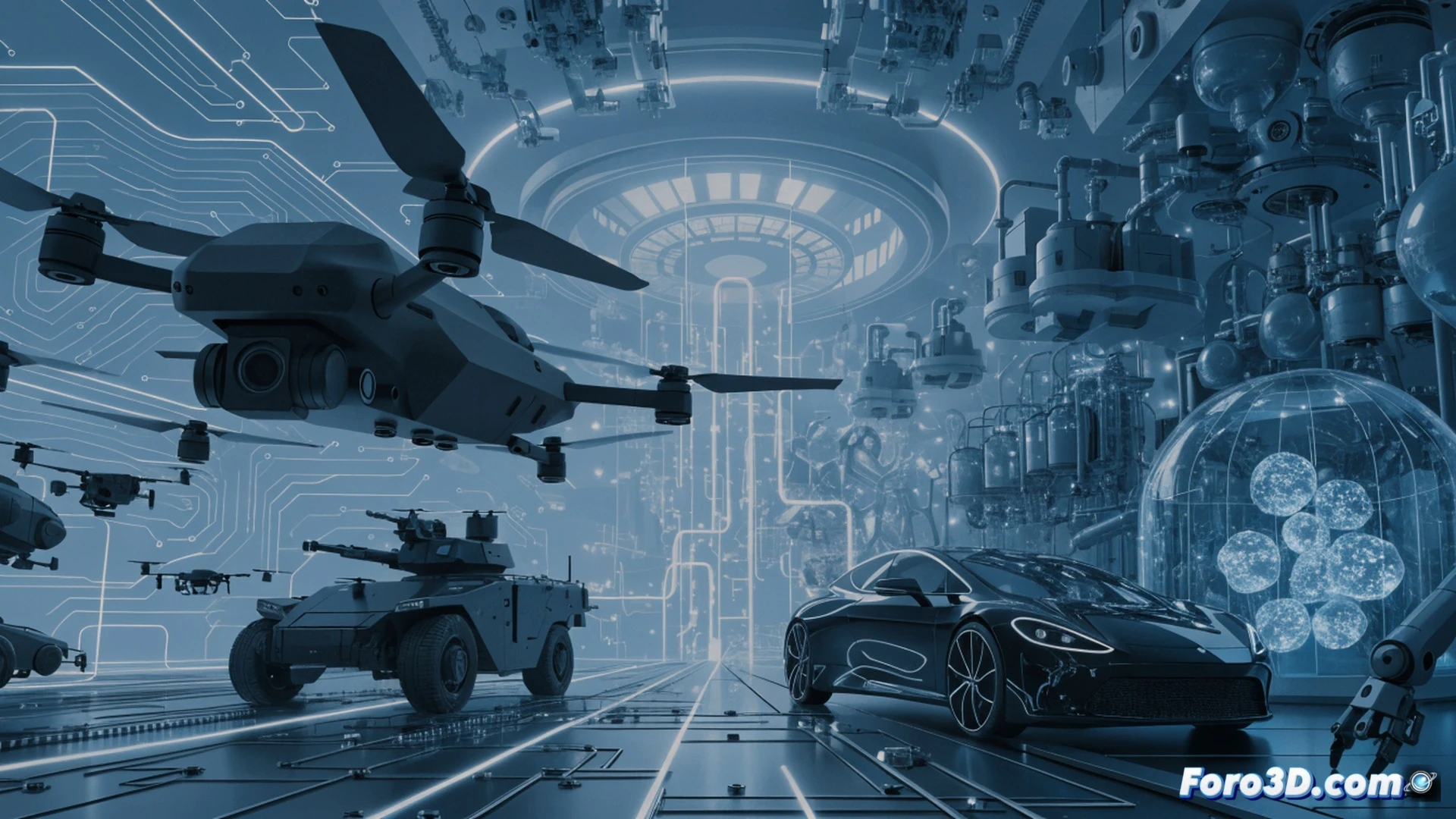 European Innovation Council funding document on a digital screen, a robotic hand assembling a dual-use drone frame while a cybersecurity interface displays encrypted data streams, another hand adjusting a satellite antenna, technical schematics of military and civilian tech overlaying the scene, cinematic engineering visualization, metallic components with glowing circuit traces, photorealistic industrial lighting, ultra-detailed hardware and software integration, dynamic action of assembly and data flow, dramatic shadows and highlights