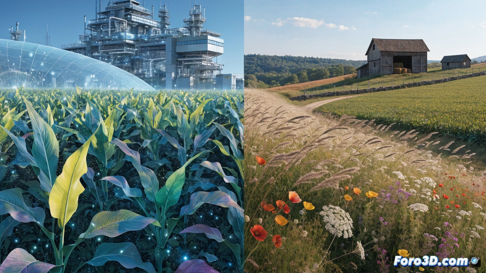 agricultural landscape split in two halves, left side showing conventional corn field with yellowing drought-stressed plants, right side displaying genetically modified drought-resistant corn with vibrant green healthy stalks, a farmer holding a small seed packet with a biohazard symbol walking between the fields, in the background a supermarket shelf with unlabeled food products, while a drone monitors crop boundaries with red contamination warning lines, photorealistic technical illustration, bright daylight, sharp focus on seed packet and contrasting crops, ultra-detailed plant textures, cinematic agricultural documentation style