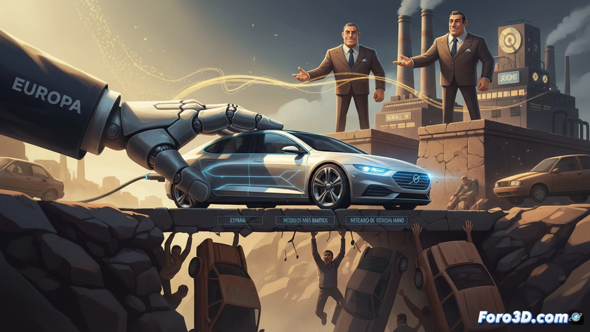 cinematic wide shot of a futuristic factory assembly line, robotic arms welding a sleek electric car chassis while a row of outdated combustion engine vehicles are pushed aside into a dark scrapyard, glowing blue battery packs being installed, holographic EU regulatory documents floating above the scene, dramatic industrial lighting, metallic sparks flying during welding process, photorealistic engineering visualization, ultra-detailed mechanical components, contrast between shiny new EV and rusty old engines, high contrast shadows, technical illustration style