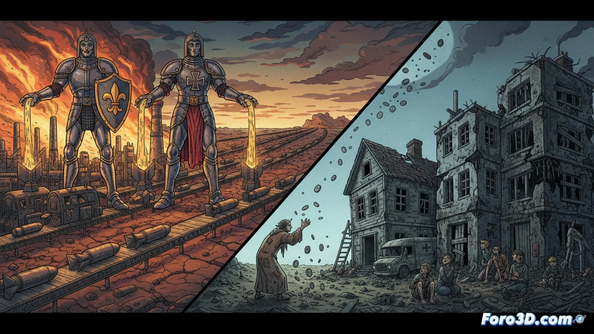 photorealistic scene of a European city street split in two halves, left side showing a crumbling school building with cracked walls and an abandoned hospital entrance, right side showing a sleek military factory assembly line with nuclear missile components being lifted by robotic arms, German and French flags hanging above engineers inspecting a warhead casing, dramatic contrast lighting, cold blue industrial tones on the weapon side, warm but decaying ochre on the public services side, cinematic wide-angle shot, ultra-detailed textures of rusted metal and polished steel, no text or numbers visible, high-contrast photorealistic render