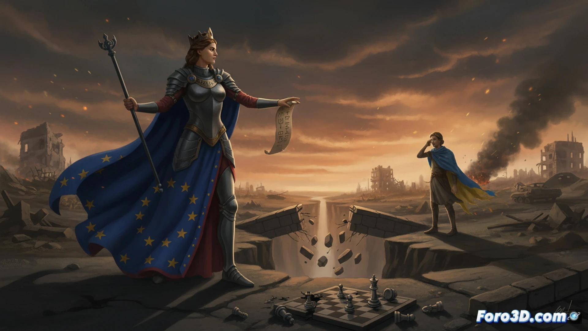 European Union diplomats standing behind a conference table with a broken digital tablet showing a map of Ukraine, one diplomat placing a list of preconditions on the table while another pushes a chair away from the negotiation seat, Russian and Ukrainian flags hanging torn at the edges, a candle burning low on the table symbolizing fading dialogue, cinematic photorealistic style, cold blue and grey lighting, shadows across the room, tense body language, high-contrast dramatic scene, ultra-detailed fabric textures and polished wood surfaces