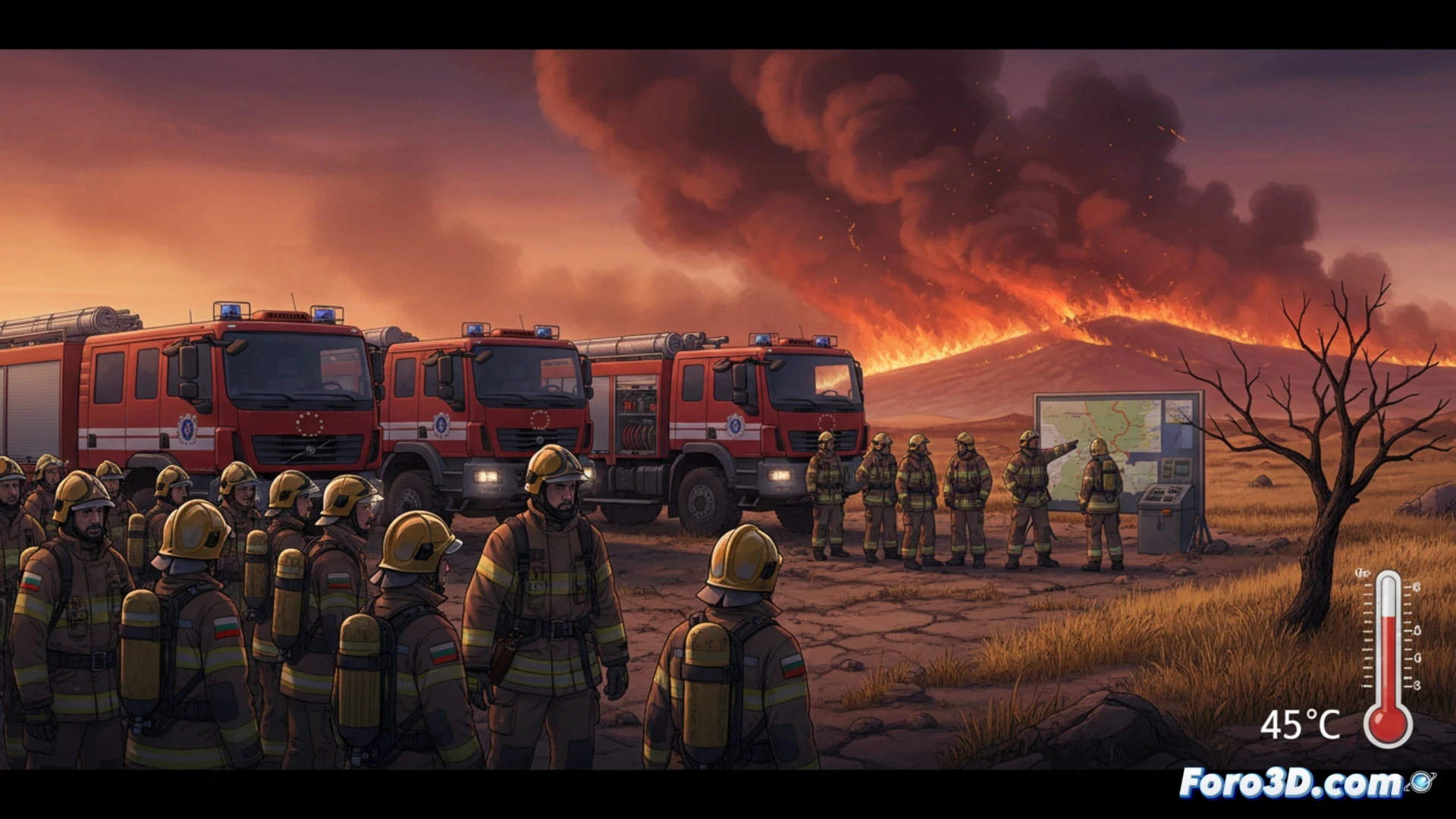 European aerial firefighting coordination scene, three military transport planes landing on a dusty Spanish airfield at sunset, 185 firefighters in distinct Bulgarian Polish and Dutch uniforms disembarking in formation, firetrucks and water tanker vehicles parked on the tarmac, distant smoke columns rising from a forested mountain range, ground crew unloading hoses and protective gear from crates, realistic aviation lighting on aircraft wings, heat haze over the asphalt, cinematic photorealistic wide-angle shot, dramatic orange sky, ultra-detailed emergency vehicles, high-contrast industrial lighting, technical rescue equipment visible on runway
