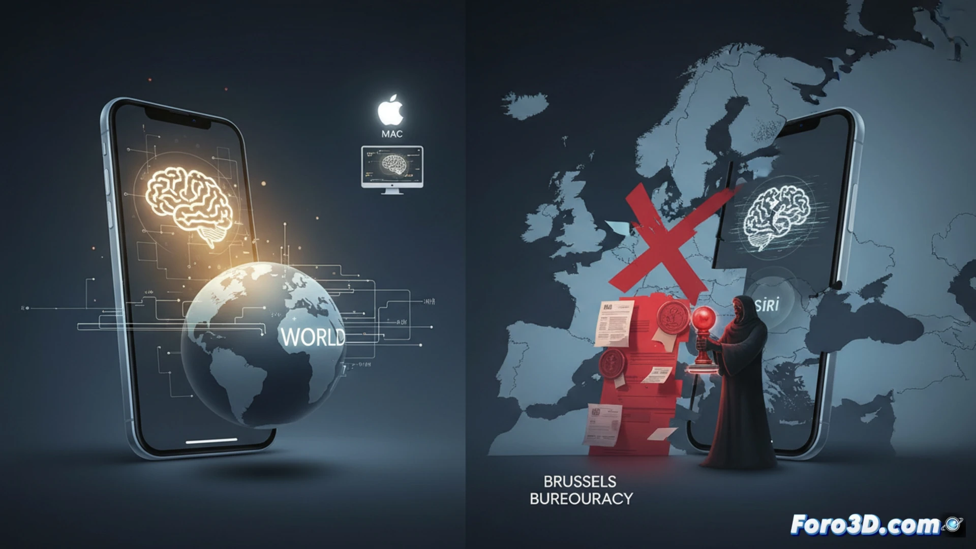 European Union map dissolving into fragmented digital code blocks, iPhone screen showing Siri AI icon fading to grey while MacBook beside it displays active glowing AI interface, red EU directive stamp hovering over disconnected iOS devices, bureaucratic paper chains wrapping around server racks, cinematic photorealistic technical illustration, dramatic contrast between functional Mac and broken iPhone, cold blue and red lighting, ultra-detailed metal and glass textures, motion blur on fading AI particles, sharp focus on legal document seals and circuit board patterns