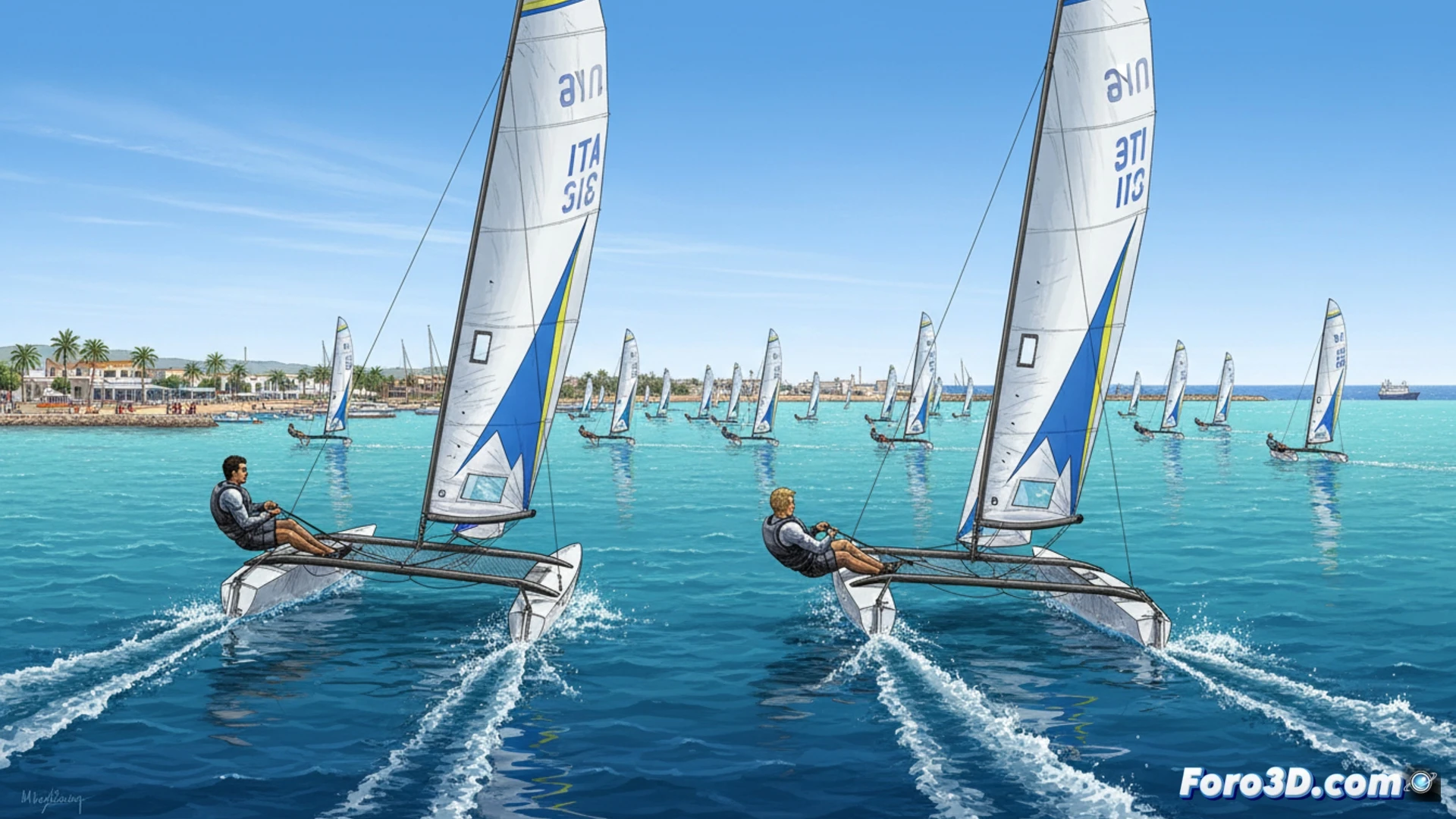 79 catamarans and monohull Class A yachts racing in tight formation across Mar Menor lagoon, white sails catching strong Mediterranean wind, hulls kicking up sparkling spray, Gustavo Doreste leading near the leeward buoy, technical nautical instruments visible on decks, GPS trackers and wind sensors mounted on carbon-fiber masts, aerial cinematic view, photorealistic sports visualization, golden hour sunlight reflecting off water, dynamic wave patterns, detailed rigging lines, intense competitive action, dramatic sky with scattered clouds