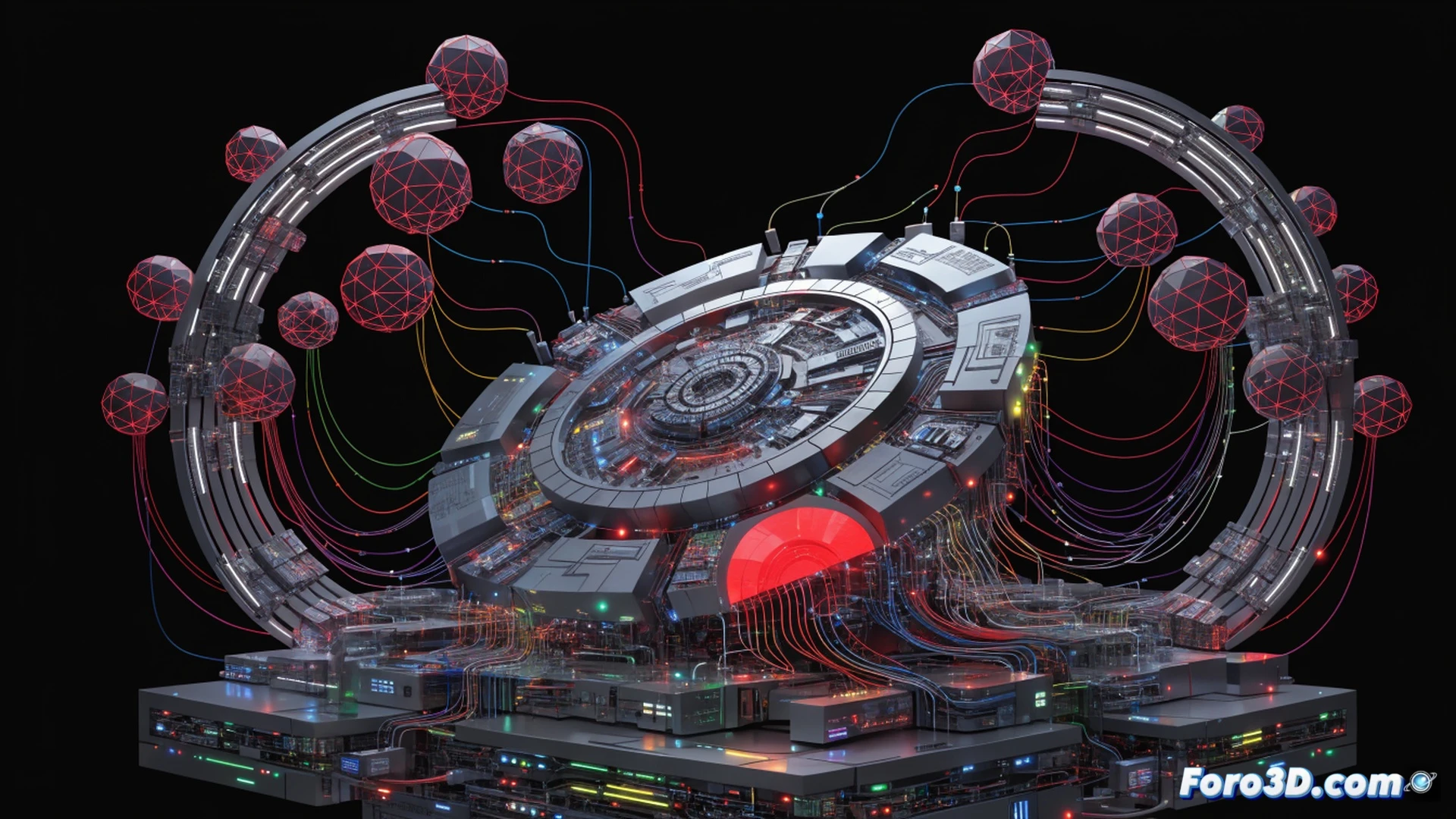 A dark digital command center, three monitors displaying blockchain transaction graphs and ransomware attack maps, a gloved hand typing on a keyboard while a digital chain of cryptocurrency tokens shatters into fragments, a red warning hologram of a criminal network collapsing, cinematic cyberpunk style, glowing neon blue and red lights reflecting on metallic surfaces, photorealistic technical illustration, high contrast shadows, detailed circuit board patterns on the desk, smoke-like data streams rising from the broken chain, dramatic low-angle shot, ultra-sharp focus on the action
