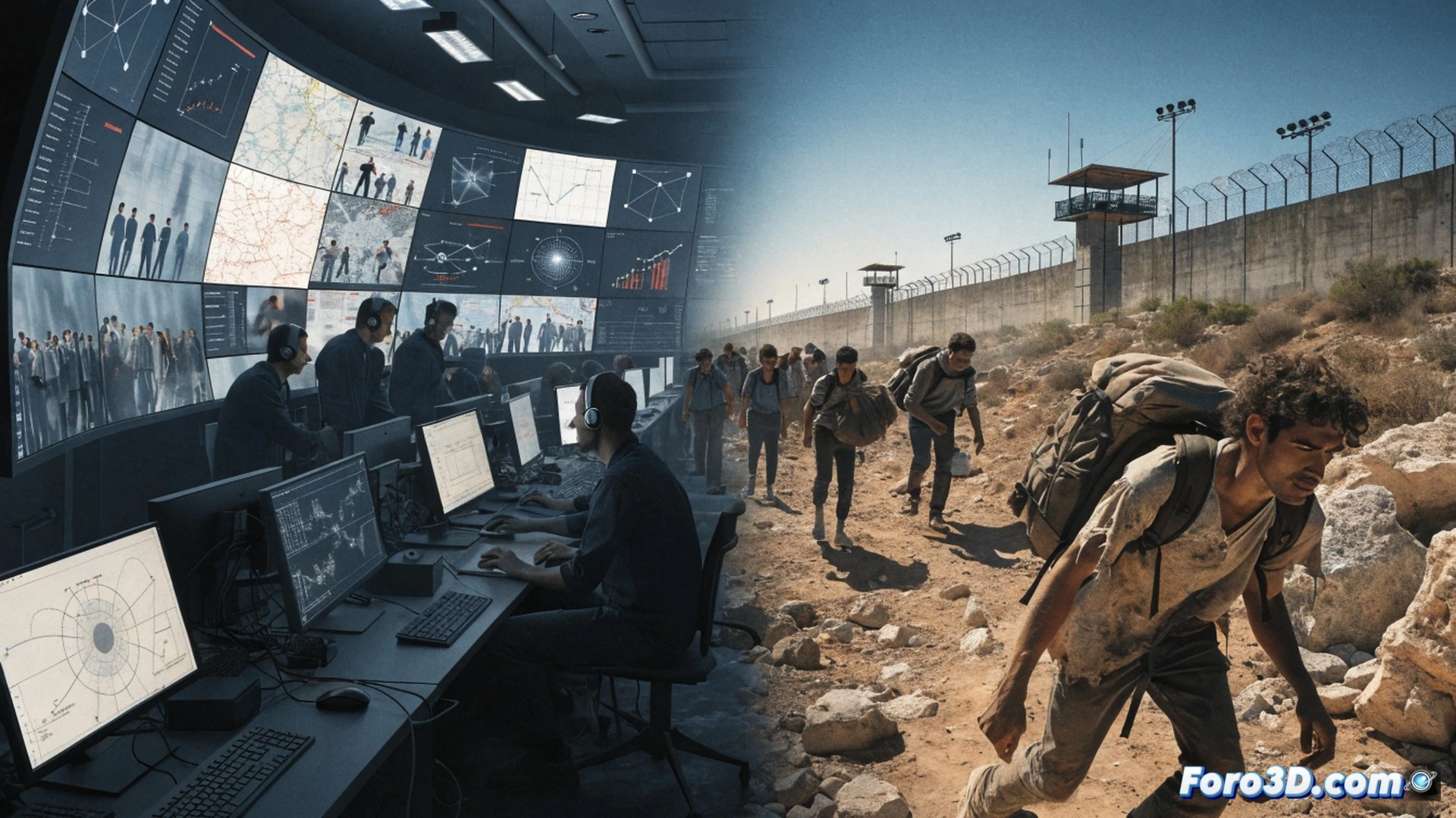 Europol surveillance center interior, digital monitors displaying fragmented migrant routes across Mediterranean Sea, border control agents analyzing facial recognition software on multiple screens, while poverty-stricken silhouettes fade at the edges of the map, contradiction between high-tech tracking and root causes, cinematic photorealistic visualization, cold blue monitor glow contrasted with warm human shadows, data cables and server racks visible, dramatic chiaroscuro lighting, ultra-detailed control room equipment, technical illustration style