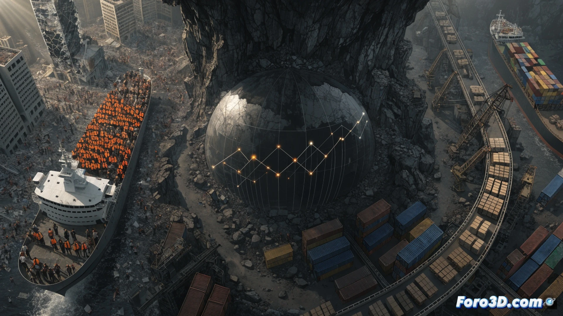 Photorealistic technical illustration of a global logistics hub during a humanitarian evacuation, massive cargo aircraft loading dock with standardized shipping containers being rapidly processed by automated robotic arms, digital supply chain management screens displaying real-time stabilization graphs, workers in safety vests coordinating container flow while geopolitical risk indicators on monitors show declining volatility, cinematic industrial lighting with dramatic shadows, ultra-detailed mechanical systems and conveyor belts in motion, glowing blue data streams connecting global trade routes on holographic map, photorealistic engineering visualization