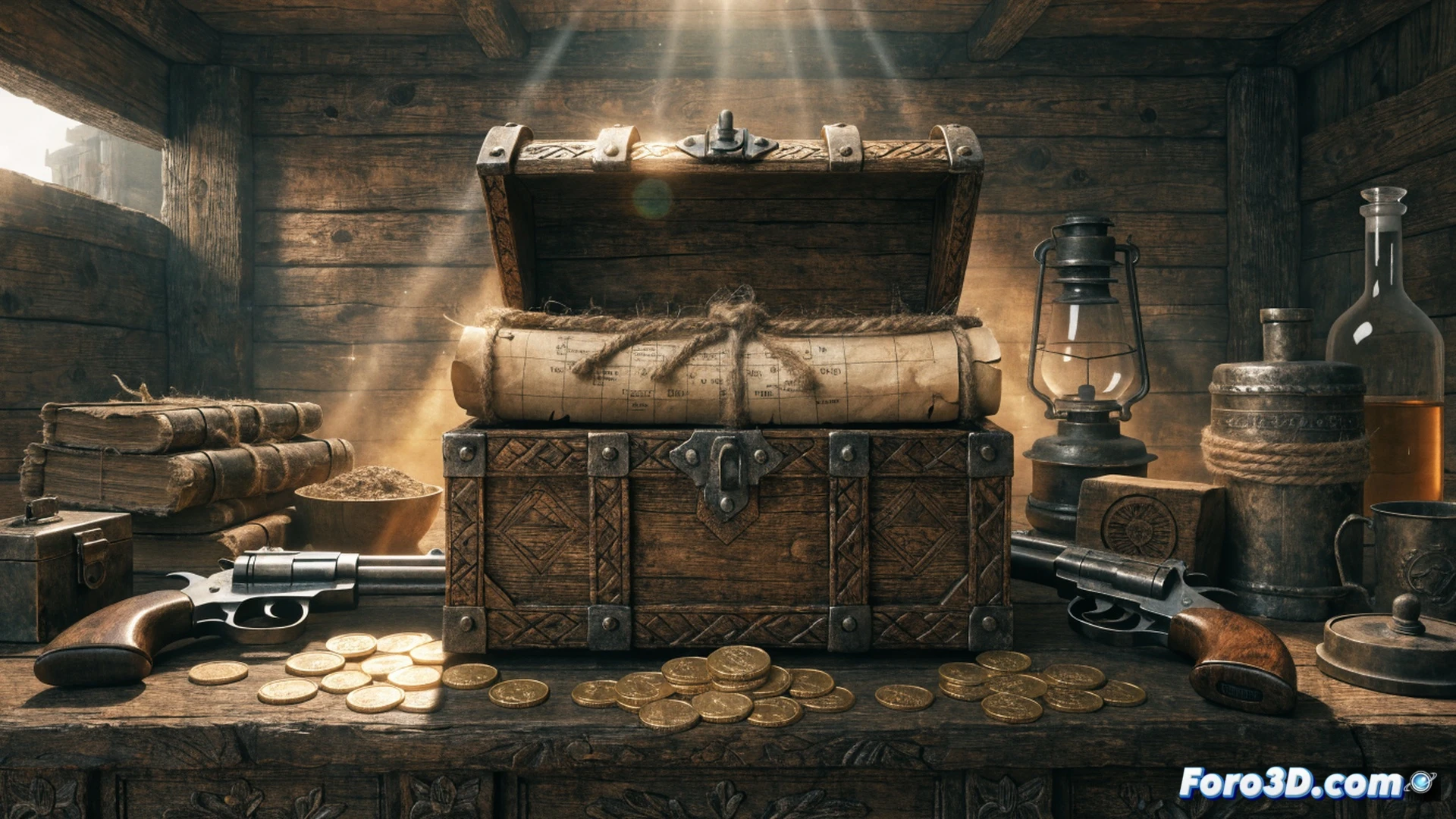 Red Dead Online treasure map event scene, level 20 collector character unrolling a glowing parchment map near O Creagh s Run lake, antique compass and collectible arrowheads scattered on wooden table, leather satchel with coin pouch beside a brass magnifying glass, sunset lighting reflecting off water surface, horse waiting in background with saddlebags, cinematic photorealistic rendering, detailed period clothing textures, weathered map edges showing terrain lines, dramatic golden hour shadows, ultra-realistic game asset visualization