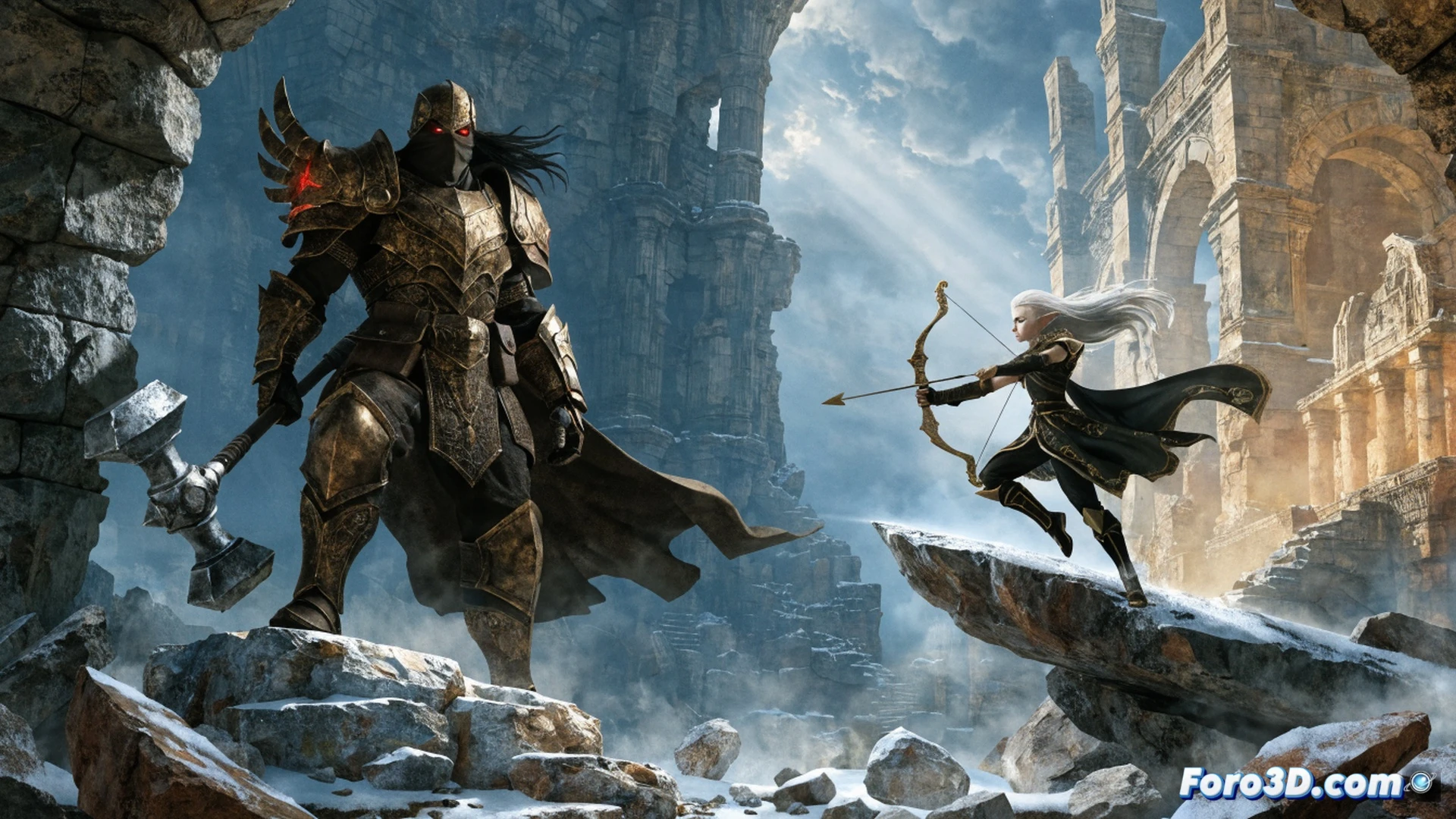 classic fantasy RPG character casting a glowing blue spell while fighting a skeleton in a dark forest ruin, small party of two players visible in background, modernized UI elements floating on screen showing health bar and quest log, solo-friendly gameplay moment, nostalgic pixel-art textures blended with smooth 3D lighting, cozy campfire nearby, magical particles swirling around player hands, no text or numbers in image, cinematic fantasy illustration style, warm golden and cool blue contrast, photorealistic character details, immersive atmospheric fog