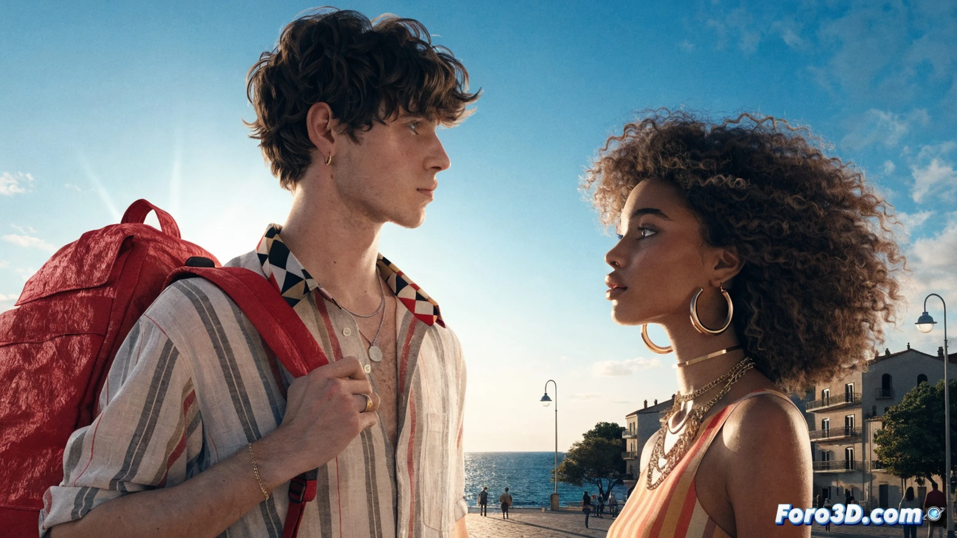 young couple standing on a sunlit wooden dock at golden hour, hands almost touching while they face each other, nostalgic summer romance rekindling, soft breeze moving their hair and light clothing, old rowboat with peeling paint tied to dock, fireflies beginning to glow in twilight, cinematic photorealistic style, warm amber and teal color palette, lens flare from setting sun, shallow depth of field, romantic tension in body language, 4k ultra-detailed summer evening atmosphere