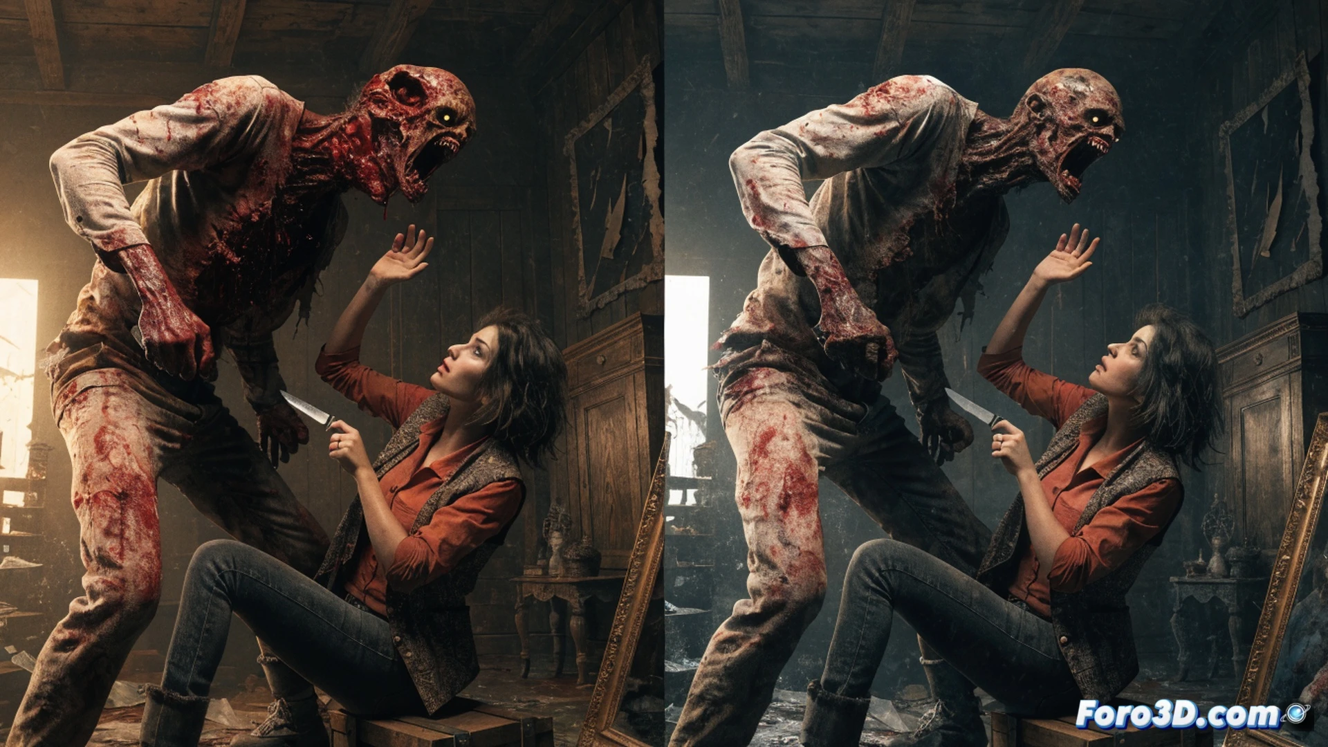 cinematic horror scene of a chainsaw blade slicing through a wooden cabin wall, splinters and dust exploding outward, a severed hand clamped on a metal workbench nearby, dark blood dripping onto old tools and a rusty vice, flickering candlelight casting long shadows on rough timber, photorealistic technical illustration, ultra-detailed wood grain and metal scratches, dramatic chiaroscuro lighting, motion blur on saw teeth, visceral action during the violent breach, no visible text or numbers