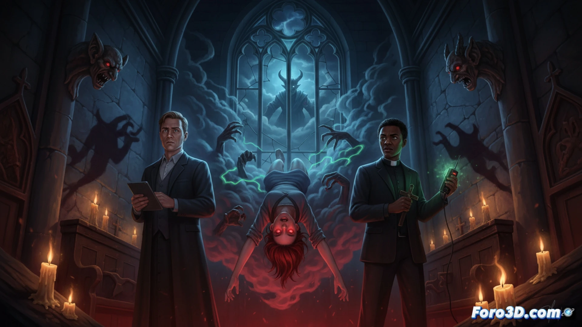 gothic cathedral interior during an exorcism, three figures in dark suits and clerical collar examining a possessed woman strapped to a metal chair, portable EEG machine with blinking red lights on a wooden pew, laptop showing distorted spectral analysis waveforms on screen, handheld crucifix glowing faintly, holy water bottle on stone floor, tangled wires connecting sensors to subject's temples, cinematic horror lighting with blue and amber shadows, dust particles suspended in shaft of moonlight, photorealistic technical render, dramatic chiaroscuro contrast, psychological tension visible in clenched fists and wide eyes