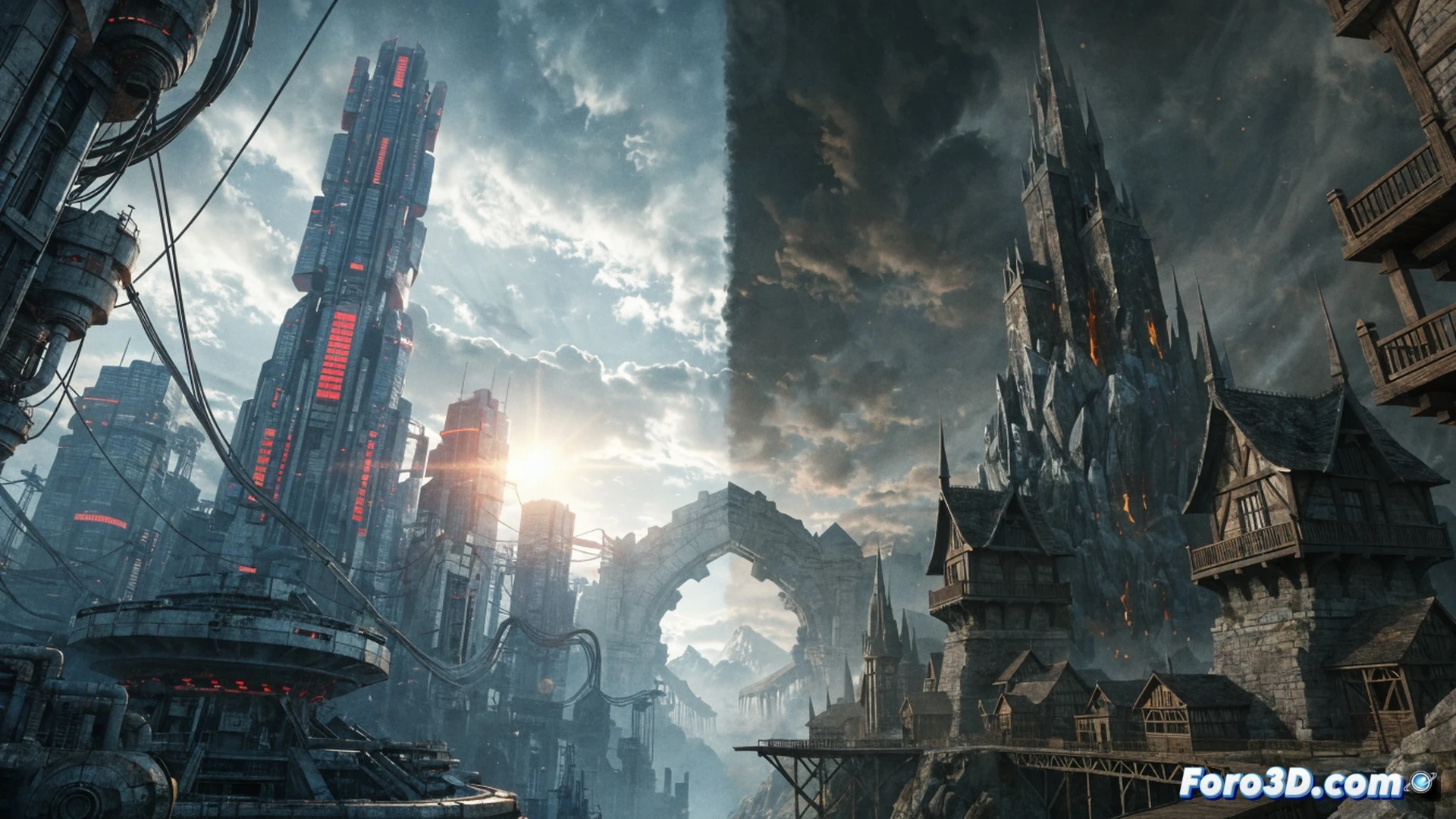 two video game design stations side by side showing game development software, one monitor displaying a rushing clock icon over a partially built fantasy castle, the other monitor showing a nuclear wasteland landscape with unfinished character models, a stressed developer holding a tablet with a warning symbol while a calendar on the wall marks three-year gaps, scattered game discs and coffee cups on the desk, cinematic technical illustration, dramatic blue and orange lighting, photorealistic engineering visualization
