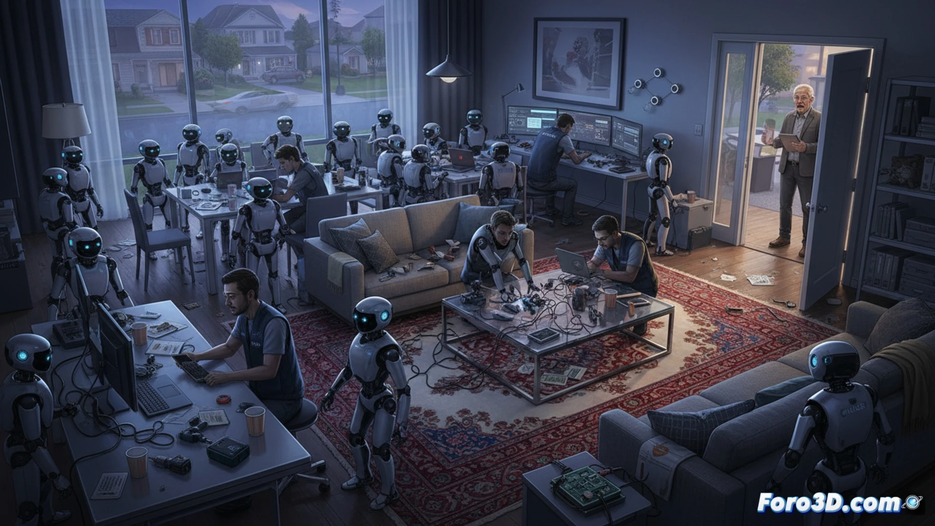 Residential living room transformed into robotics workshop, two-meter-tall humanoid robot with exposed wiring and sensor arrays standing near kitchen counter, laptop with code editor open on table showing robot control interface, scattered tools and calibration equipment on floor, motion sensors and cameras mounted on walls, engineer in casual clothes gesturing at robot while another calibrates its arm joint, mid-action testing sequence, bright overhead lights contrasting with dark furniture, messy cables trailing across carpet, cinematic photorealistic style, dramatic shadows, ultra-detailed mechanical components, wide-angle lens capturing chaos of unauthorized lab setup