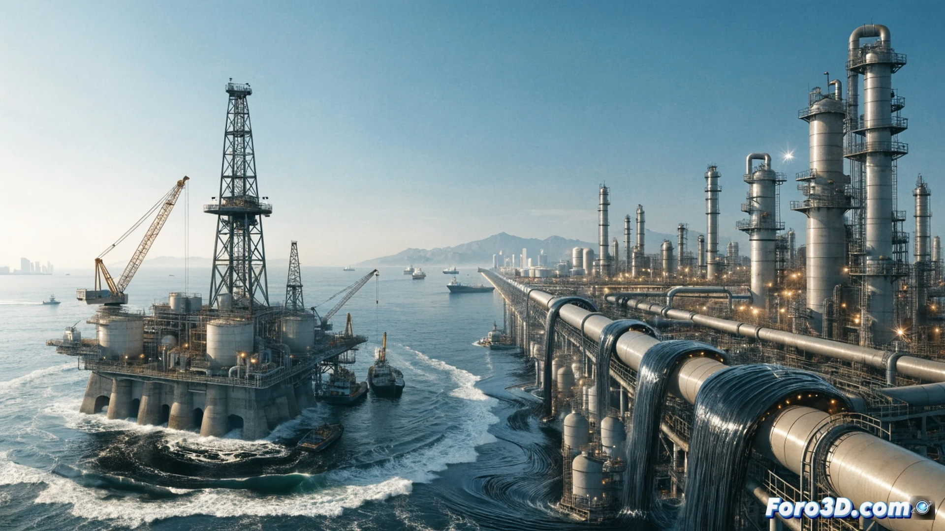 flood of crude oil from Persian Gulf tankers overwhelming Asian refinery storage tanks, pipelines overflowing with dark viscous liquid, refinery distillation columns under extreme pressure, pressure gauges showing red warning zones, oil pooling on concrete ground, industrial workers in protective gear gesturing alarm, photorealistic technical illustration, dramatic sunset lighting with smog haze, ultra-detailed metal surfaces, steam vents releasing excess pressure, cinematic wide-angle composition, chaotic yet precise engineering visualization
