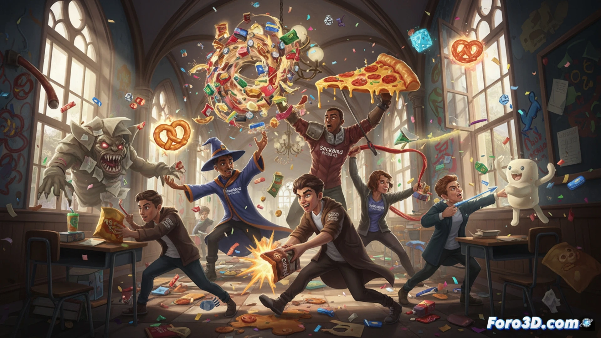 Six students in a chaotic school hallway launching books and fruit at each other, one slipping on a spilled soda while a teacher with a ruler chases from behind, cartoonish explosions of snacks with glowing effects, lockers flying open with objects bursting out, bright colorful lighting, dynamic mid-action poses, messy desks and scattered papers, cooperative chaos visible in simultaneous pranks, stylized 3D render with exaggerated physics, vibrant arcade aesthetic, cinematic wide shot capturing the multiplayer frenzy