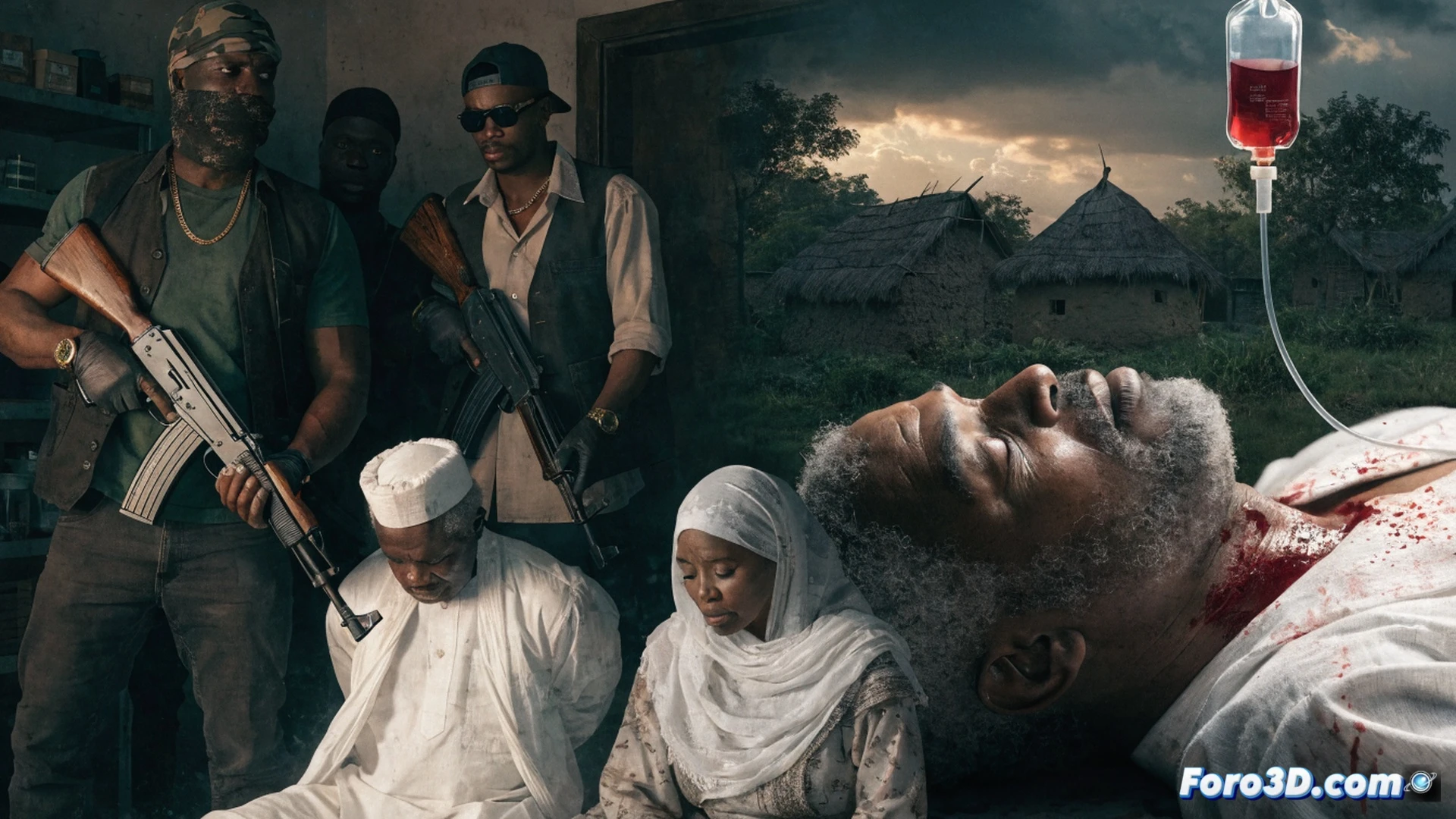 rural Nigerian landscape at dusk, abandoned military checkpoint with rusted sandbags and broken radio antenna, two armed bandits on motorcycles dragging a bound man in military fatigues through tall grass, empty police station in background with collapsed roof, satellite phone crushed on ground, cracked speed bump in foreground, cinematic photorealistic style, dramatic golden hour shadows, dust particles suspended in air, visible tension in body language, wide-angle lens emphasizing isolation, ultra-detailed textures of weathered metal and fabric, no text or numbers visible