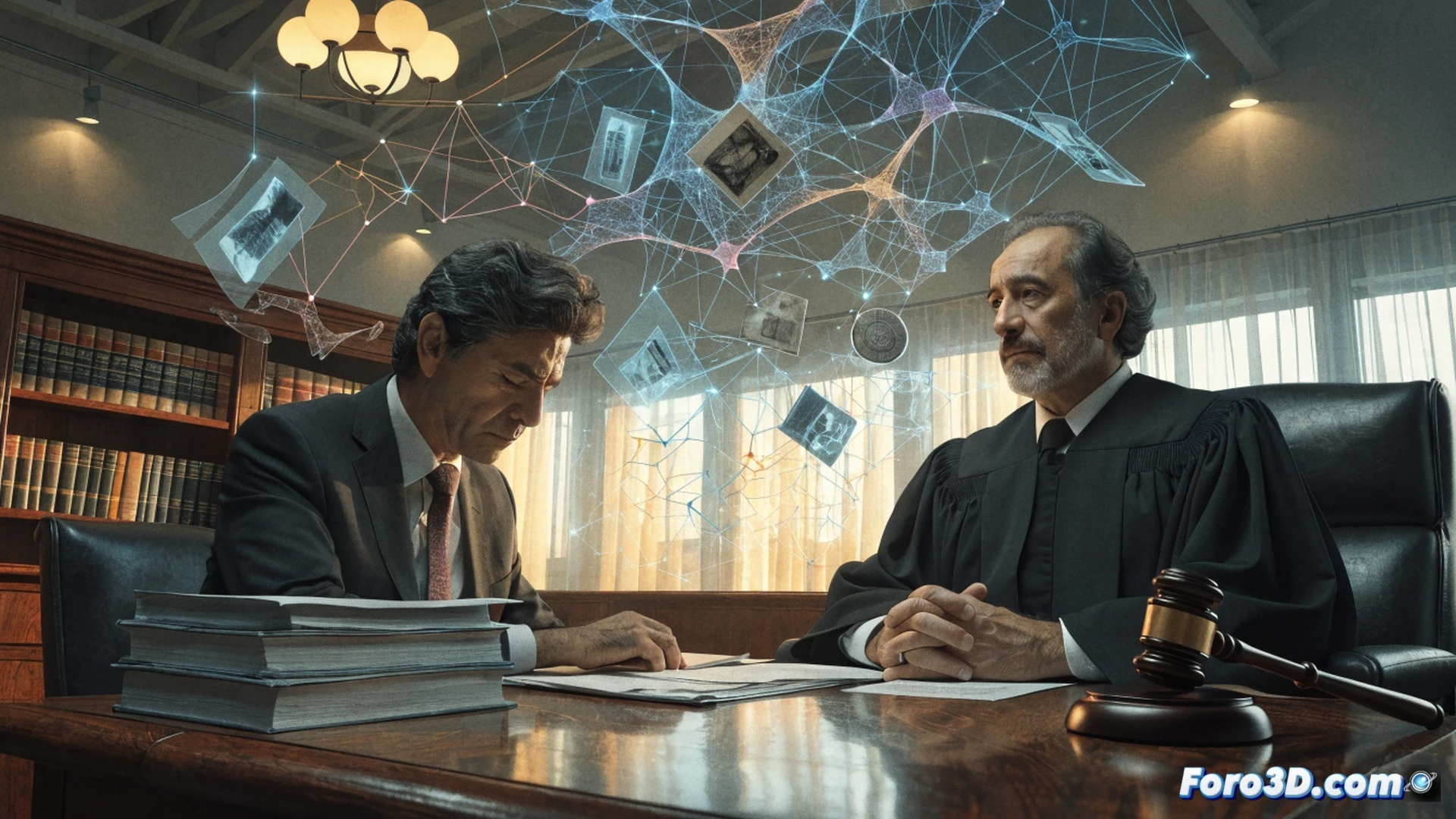 A courtroom scene with a handcuffed man in a suit being led away by a uniformed officer, a judge’s gavel resting on a wooden bench in foreground, a large digital screen behind showing a glowing network diagram of fifteen interconnected company logos and a hospital icon, red financial arrows flowing from the hospital into the company nodes, photorealistic cinematic style, dramatic shadow play, polished wood and chrome details, high-contrast lighting, ultra-detailed legal documents stacked on the desk, technical corruption visualization