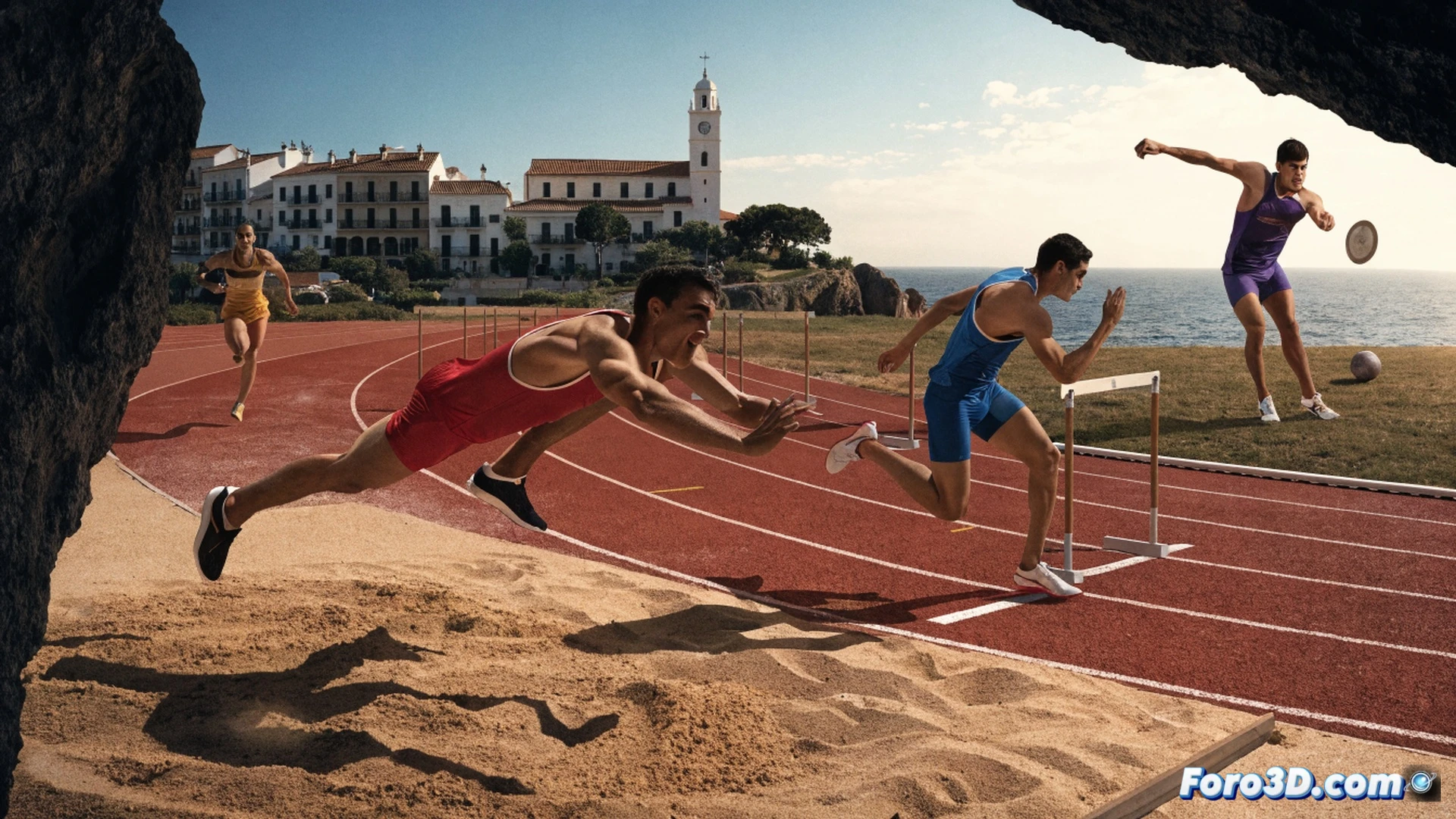 atleta masculino en pleno salto de longitud sobre foso de arena, sudor brillando bajo sol intenso de Magaluf, fondo de pista sintética con marcas de carril y vallas de atletismo, otro corredor femenino en curva de 400 metros con zancada explosiva, disco de metal y peso de lanzamiento apoyados en hierba junto a línea blanca, termómetro digital ambiental marcando calor extremo, estadio vacío con gradas y palmeras al fondo, luz solar dorada creando sombras nítidas, estilo fotorealista cinematográfico, textura granulada de pista, detalles de músculos tensos y equipo deportivo técnico, acción congelada en momento máximo esfuerzo